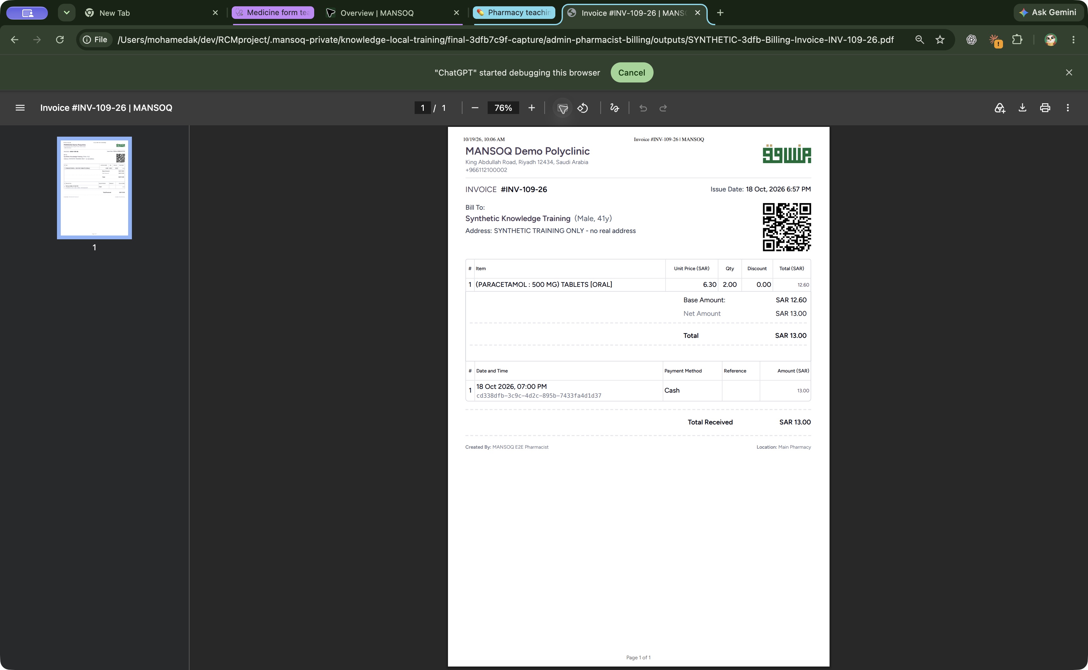 Open the exact saved invoice PDF in Chrome. Actual synthetic Billing Officer desktop lesson.