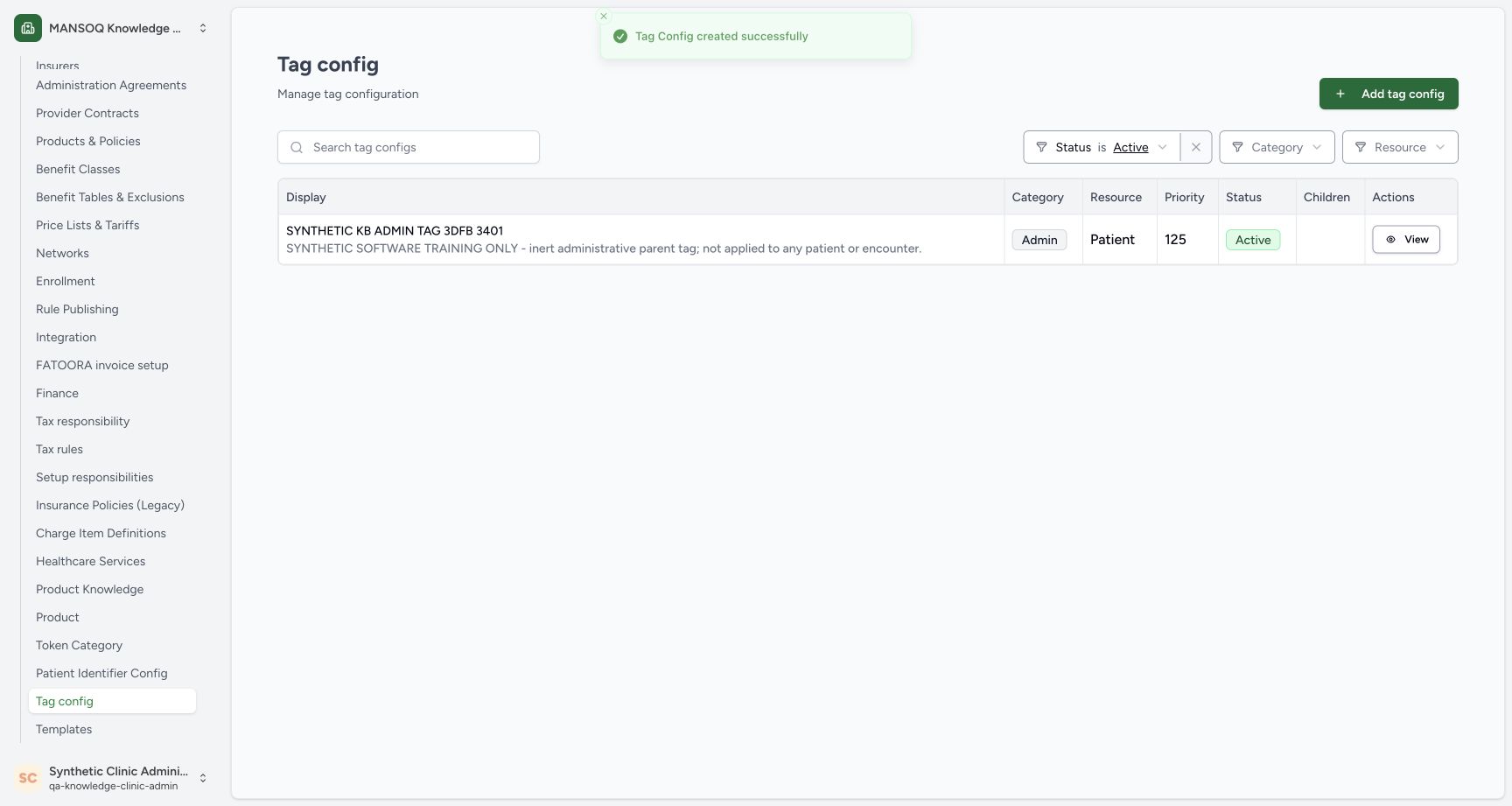 Verify the newly saved parent. Original wide synthetic Clinic tag-configuration view.