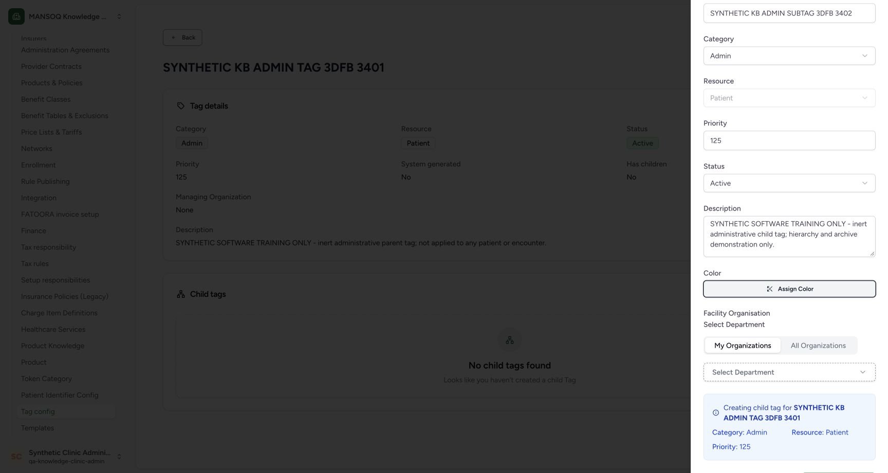 Review the entered child name and description. Original wide synthetic Clinic tag-configuration view.