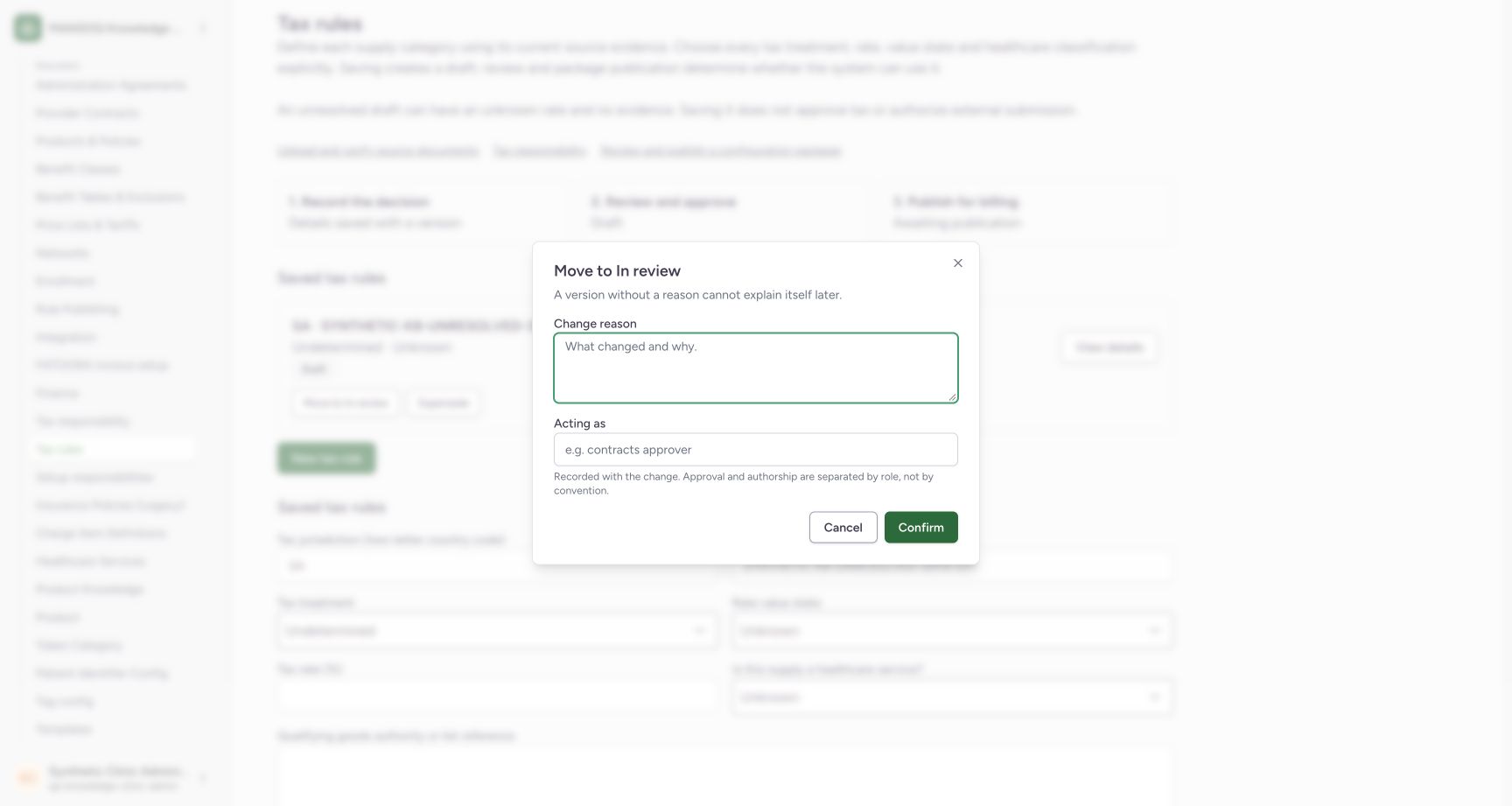 Inspect the empty Move to In review dialog. Genuine fictional Clinic Tax-rule software-training view.