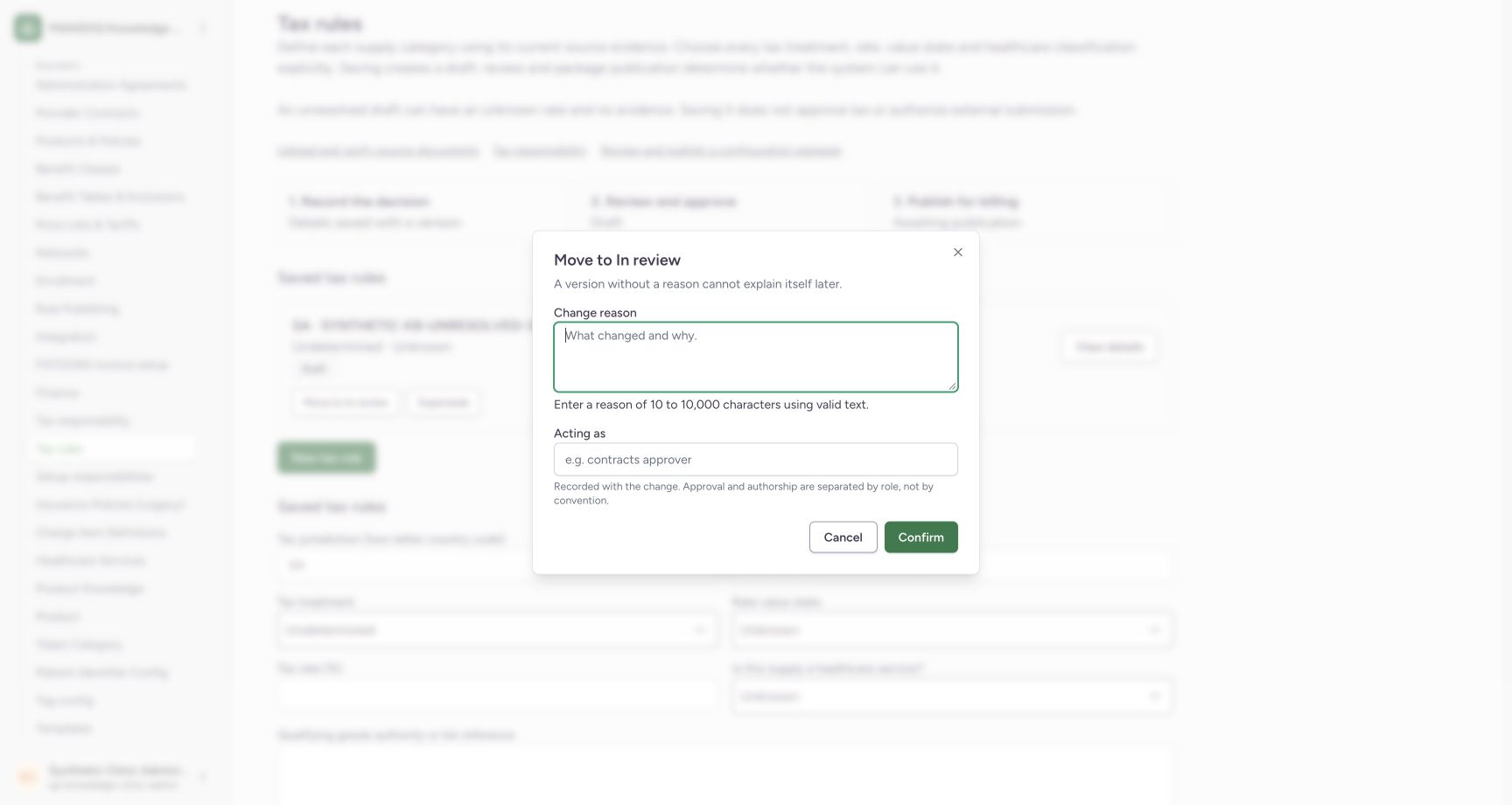 Read the required-reason client validation. Genuine fictional Clinic Tax-rule software-training view.