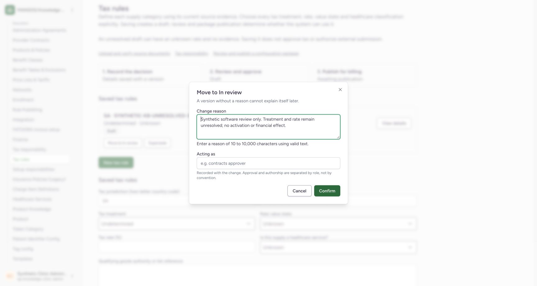 Read retained unsent reason and previous validation message. Genuine fictional Clinic Tax-rule software-training view.