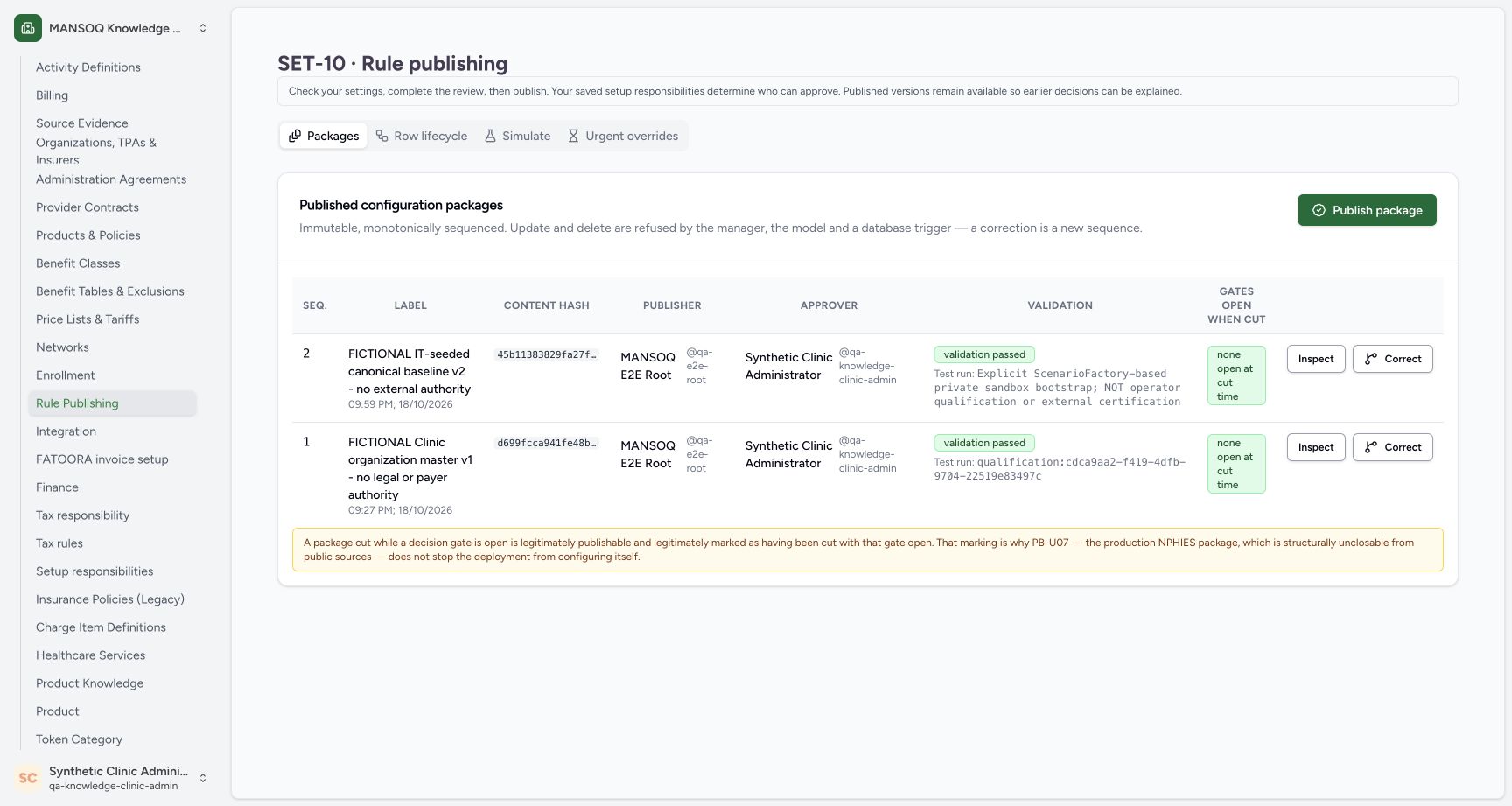 Open Row lifecycle from the loaded Rule publishing page. Genuine fictional Clinic Tax-rule software-training view.