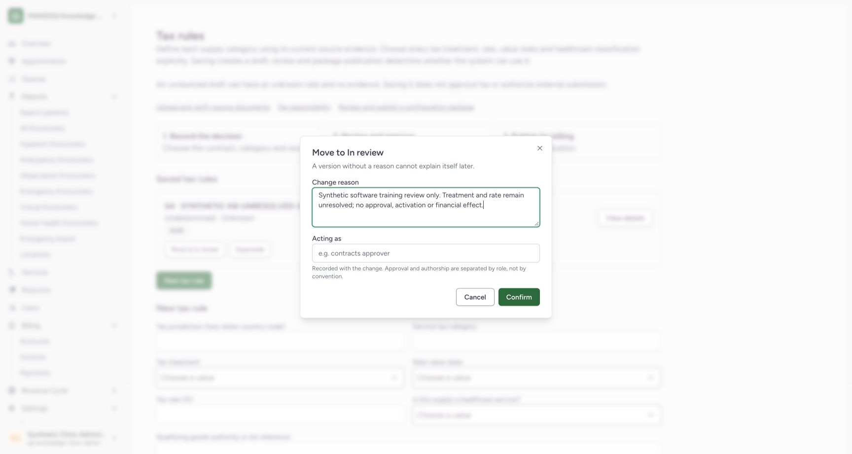 Confirm the fictional move to In review. Genuine synthetic Clinic Tax-rule view.