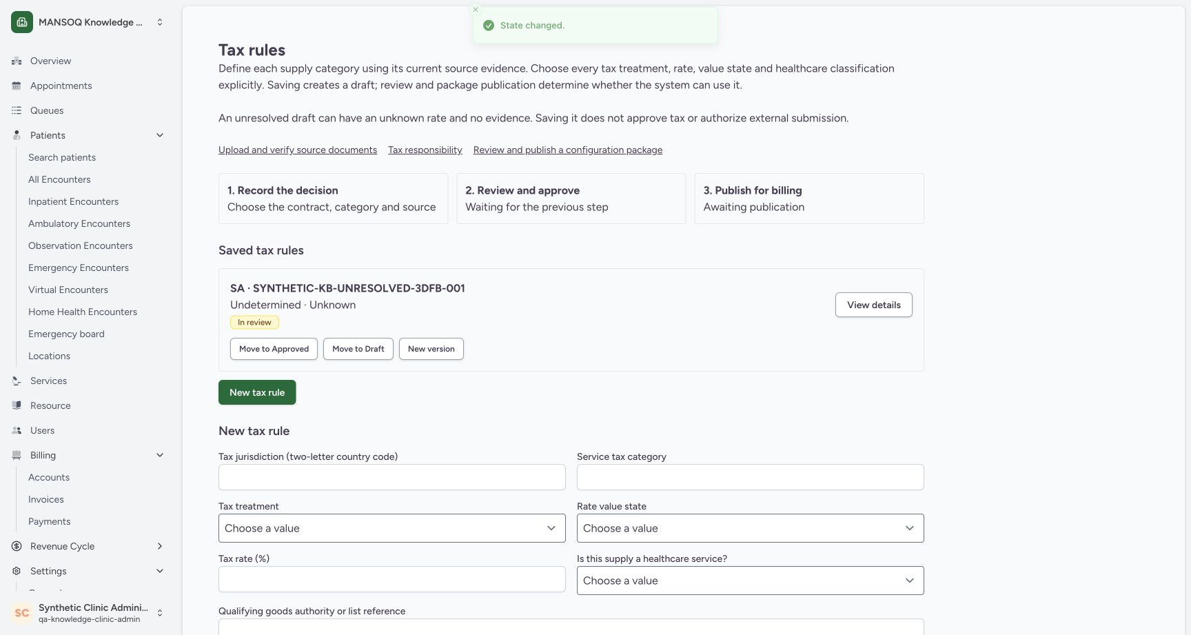 Verify the saved In review status. Genuine synthetic Clinic Tax-rule view.