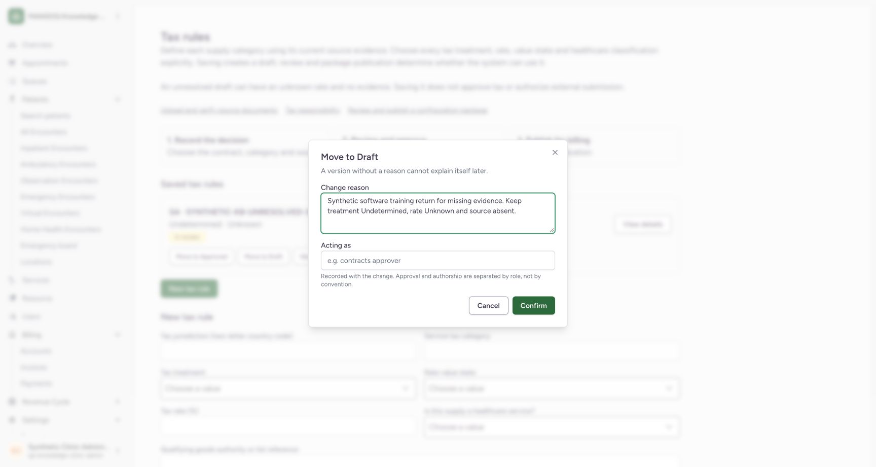 Confirm the fictional return to Draft. Genuine synthetic Clinic Tax-rule view.