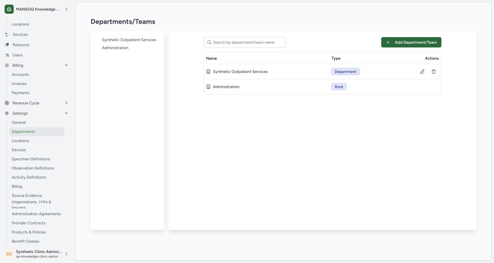 Department list before selecting the parent. Genuine wide synthetic Clinic screenshot.