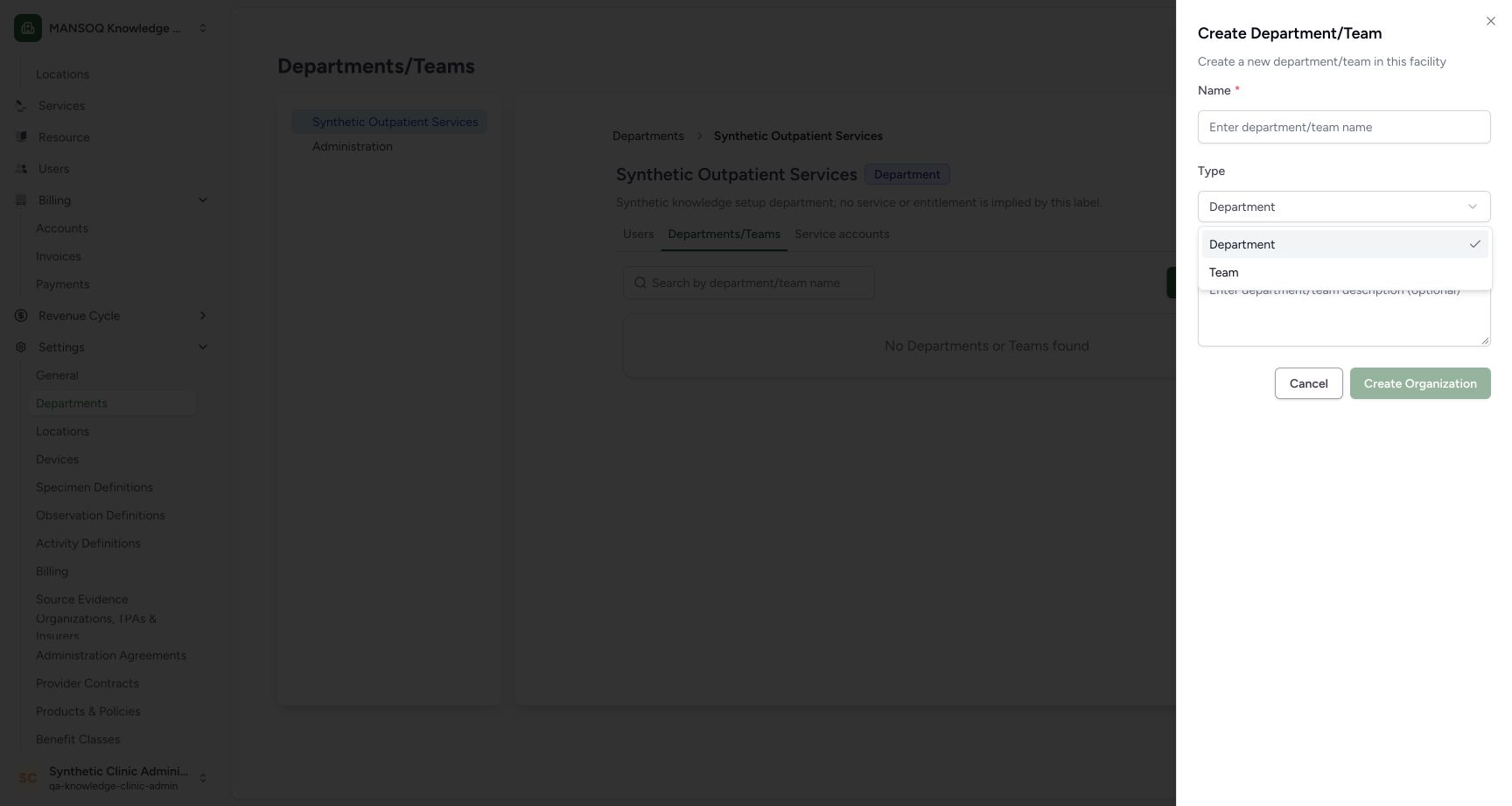 Type menu with the Team option. Genuine wide synthetic Clinic screenshot.