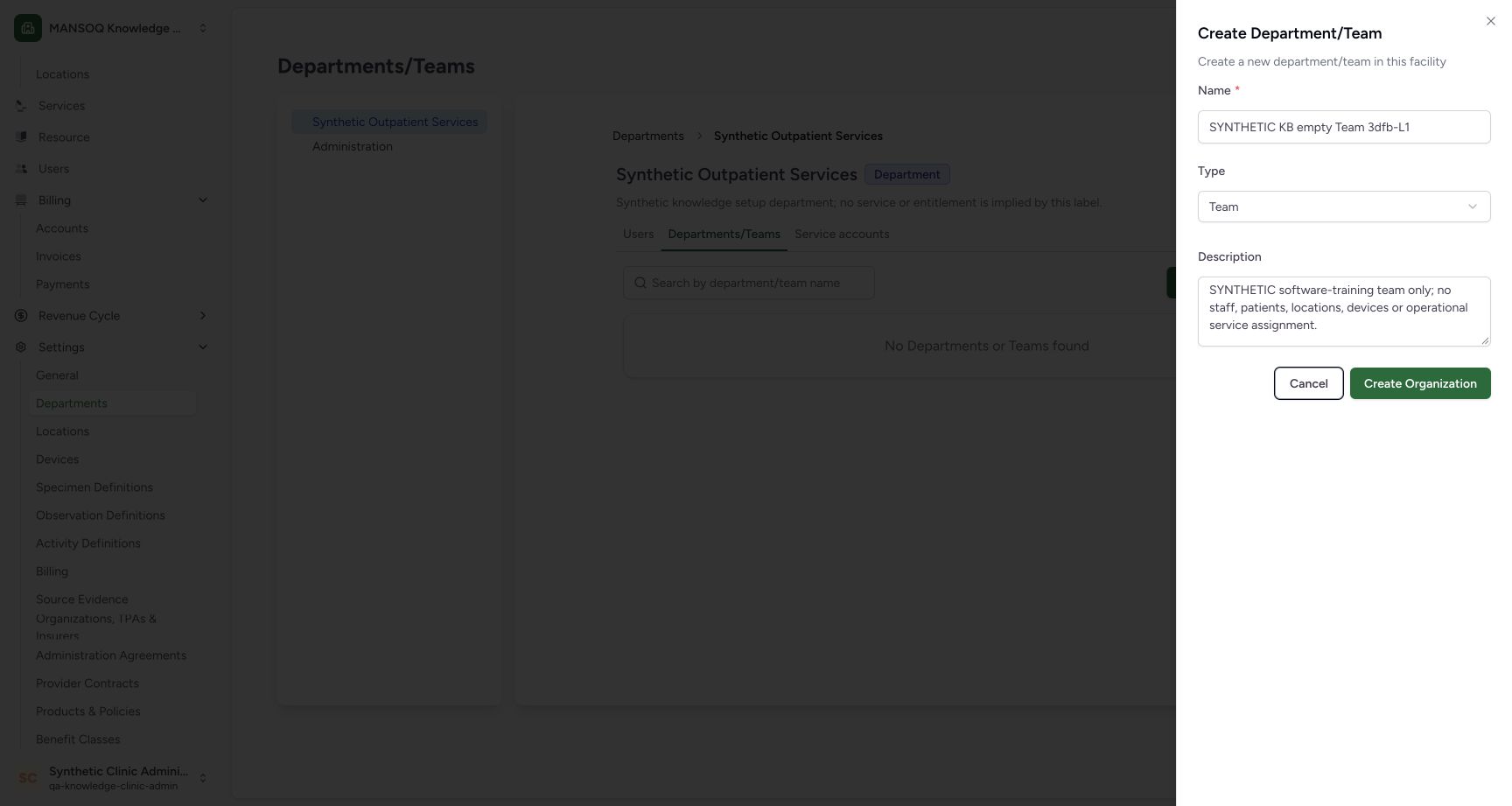 Reviewed Team draft before one creation. Genuine wide synthetic Clinic screenshot.
