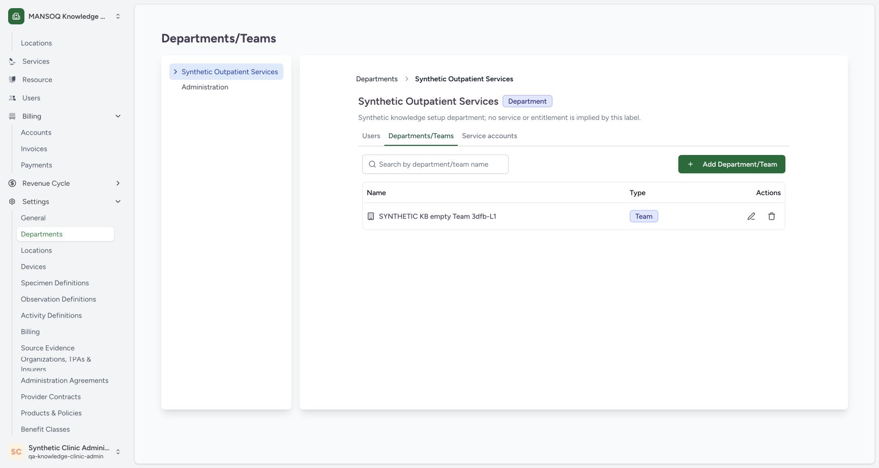 Created Team in the parent’s settled child list. Genuine wide synthetic Clinic screenshot.