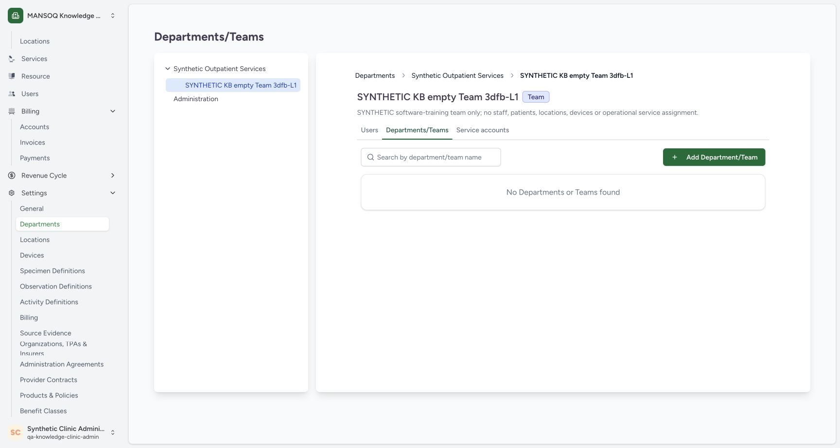 Saved Team detail and parent breadcrumb. Genuine wide synthetic Clinic screenshot.