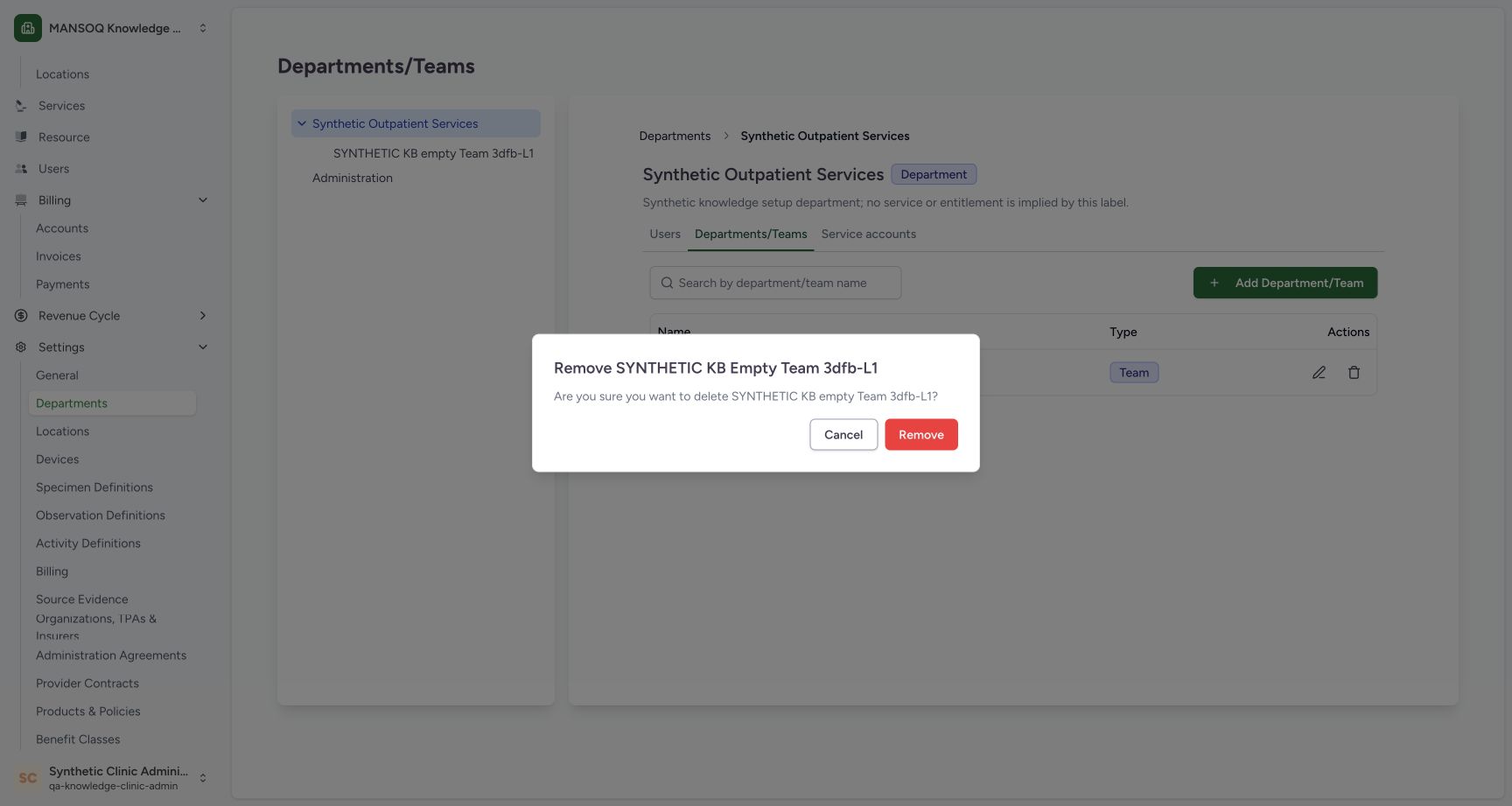 Reopened named warning before one Remove. Genuine wide synthetic Clinic screenshot.