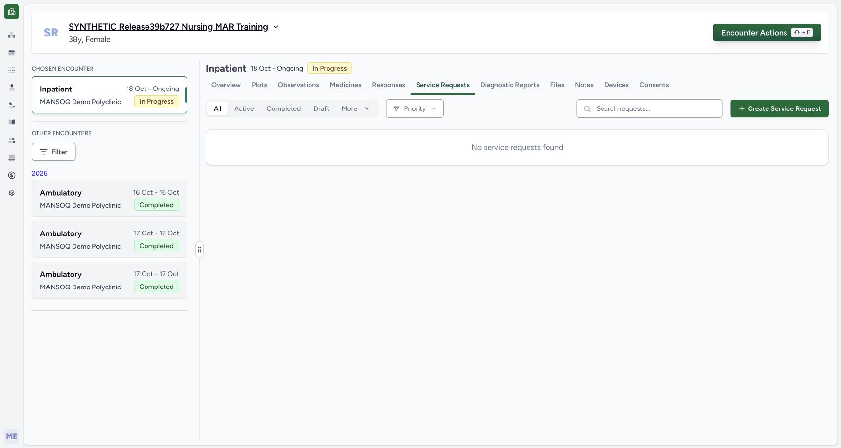 doctor empty service requests: Service Requests; Create Service Request; Empty list