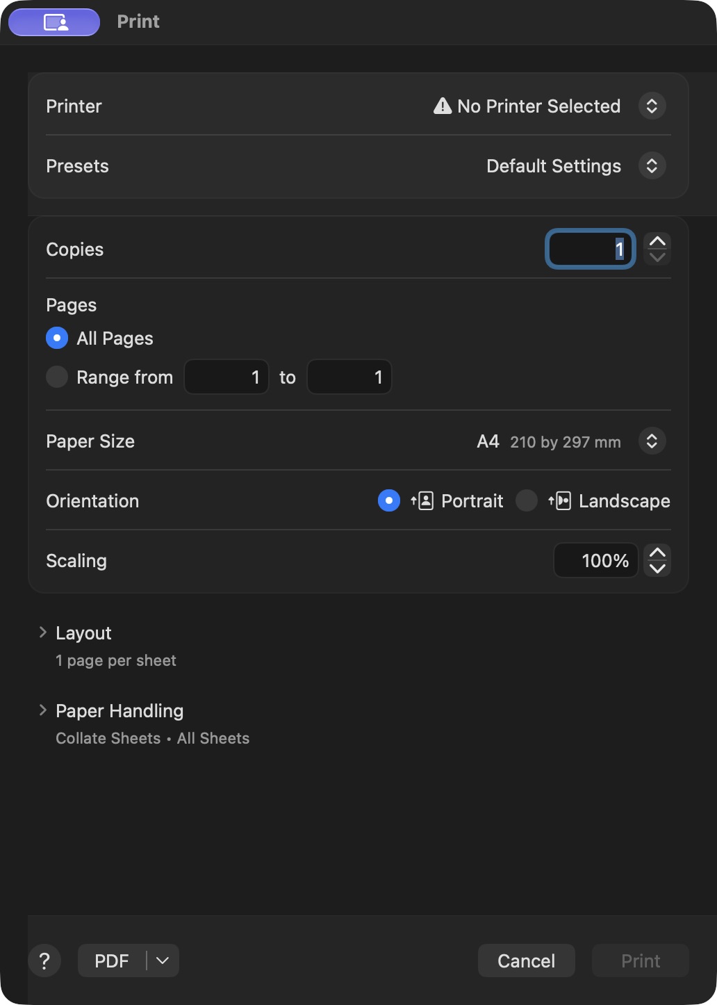 Native macOS Print dialog: No printer selected; All Pages; A4; Portrait; PDF menu