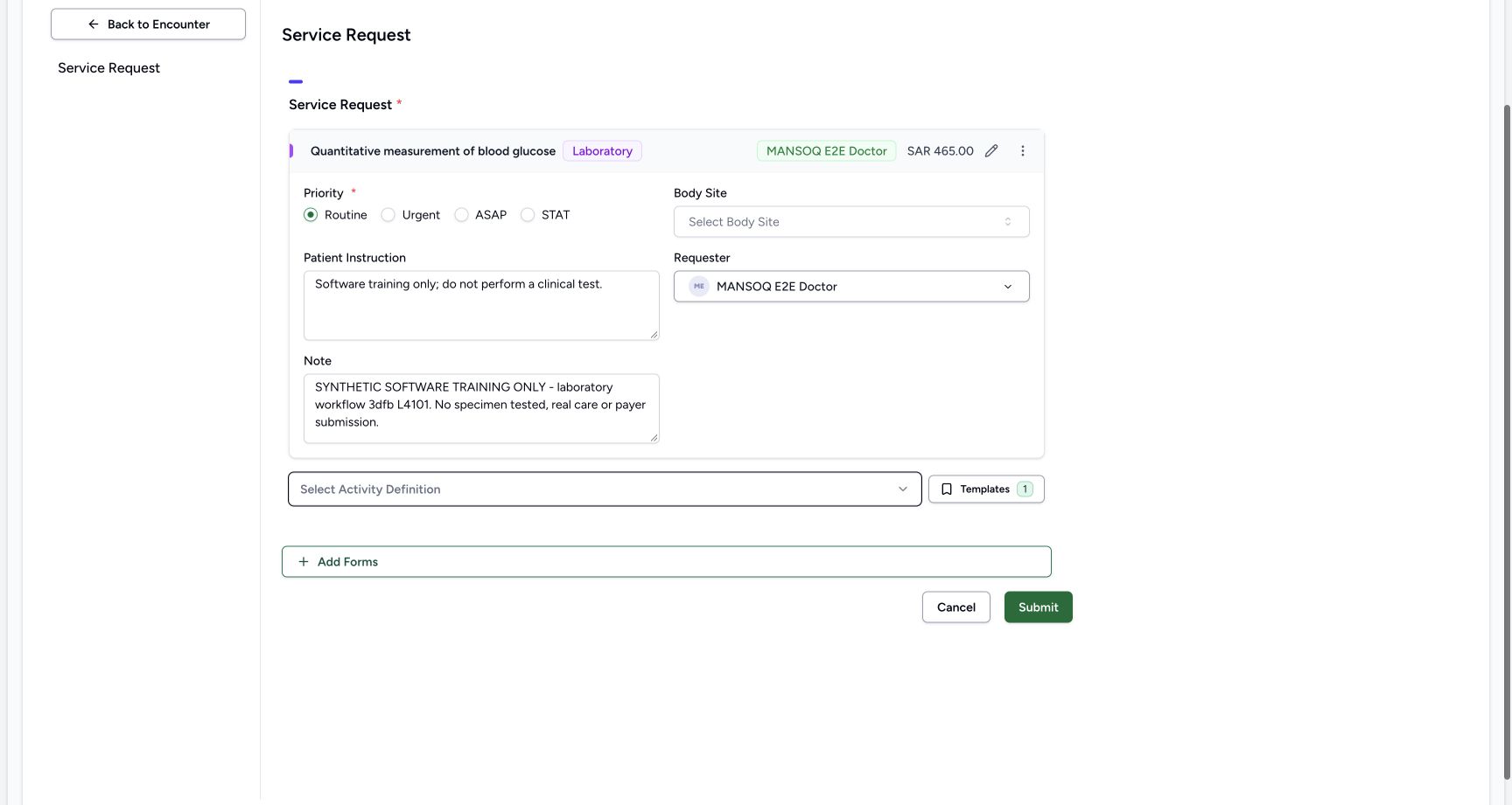 doctor order presave source fields: Activity; Displayed charge; Routine; Requester; Patient Instruction; Note; Submit