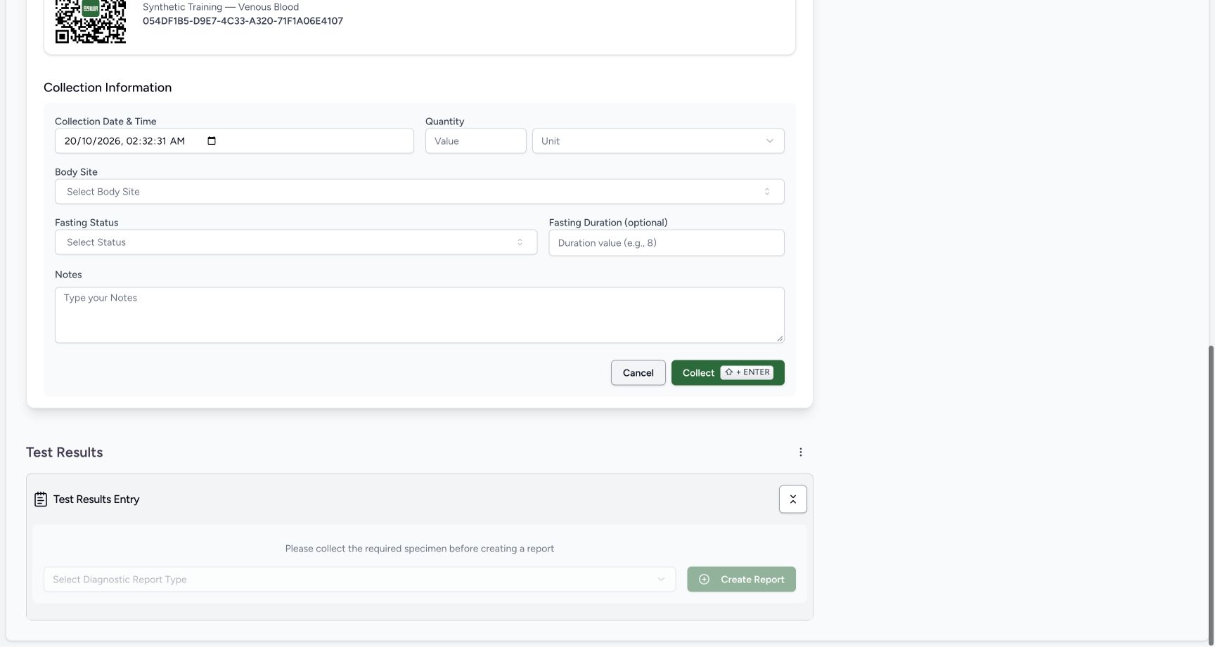 first draft qr collection fields: Collection Date & Time; Quantity; Unit; Cancel; Collect; Collection prerequisite