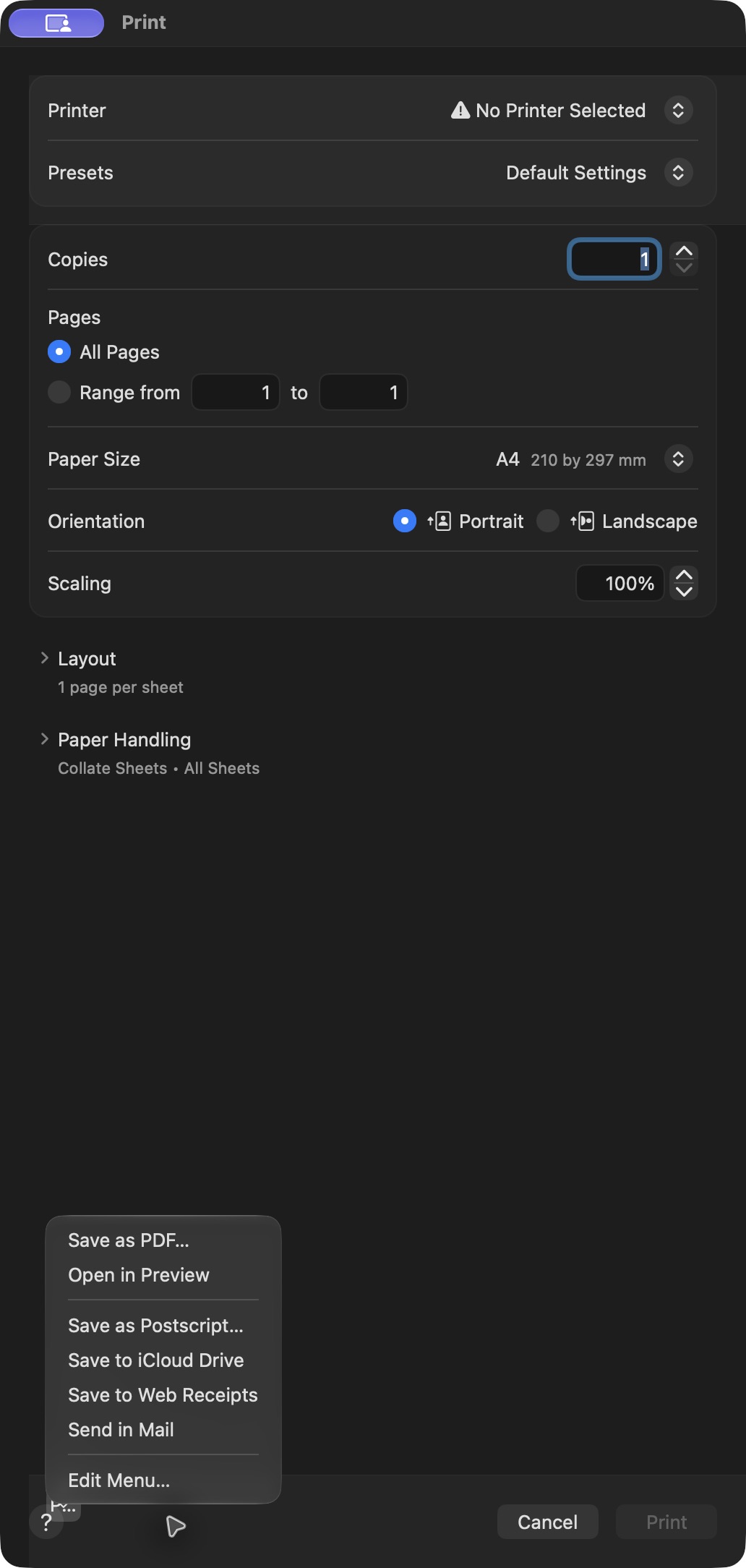 Native macOS Print dialog: Save as PDF…; Cancel
