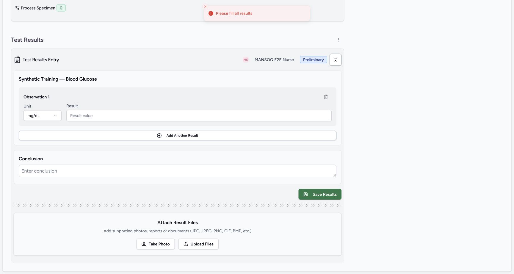 empty result required refusal: Validation message; Empty Result; Preliminary retained; Save Results