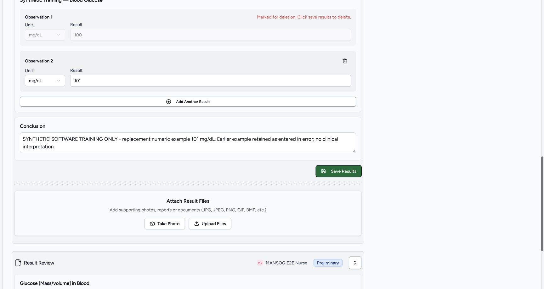 replacement result 101 presave retain 100 history: Marked earlier example; 101 replacement; Add Another Result; Replacement Conclusion; Save Results