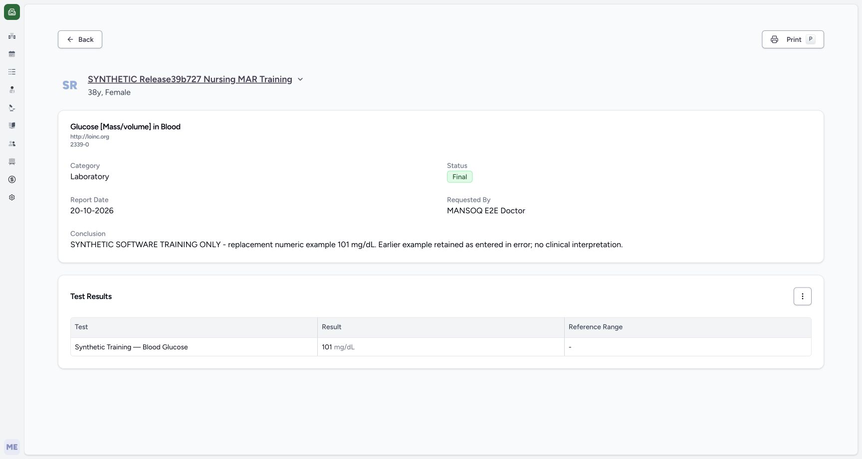 final report current result normal view: Fictional patient; Report code; Final; Current result; Test Results menu; Print