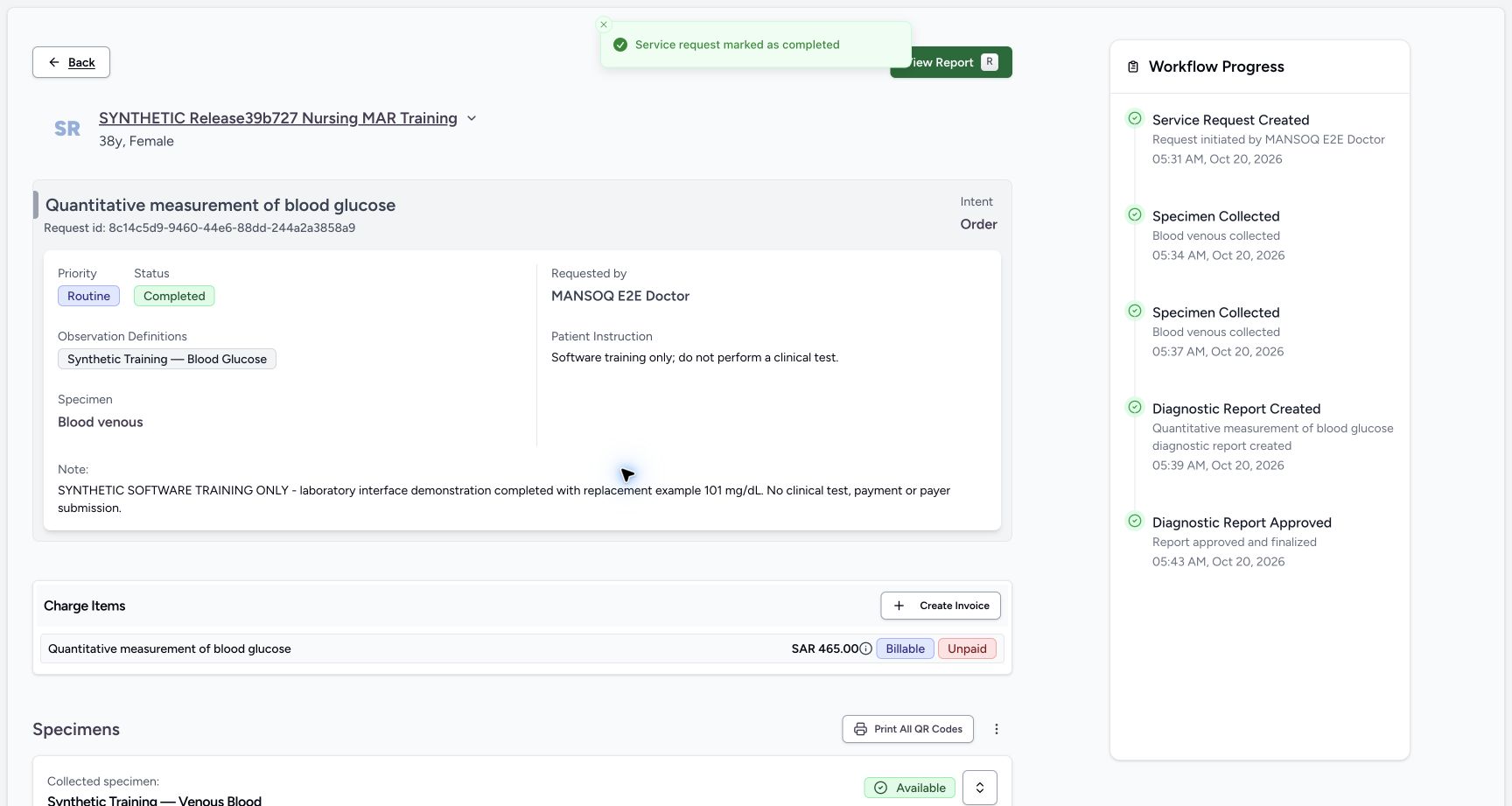 completed request after single save: Completed; Saved completion note; Success message; Charge still Unpaid