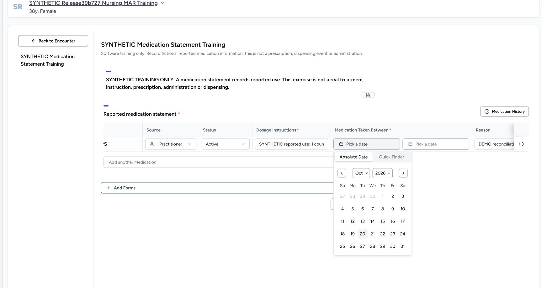 Reported start calendar in a fictional software training example