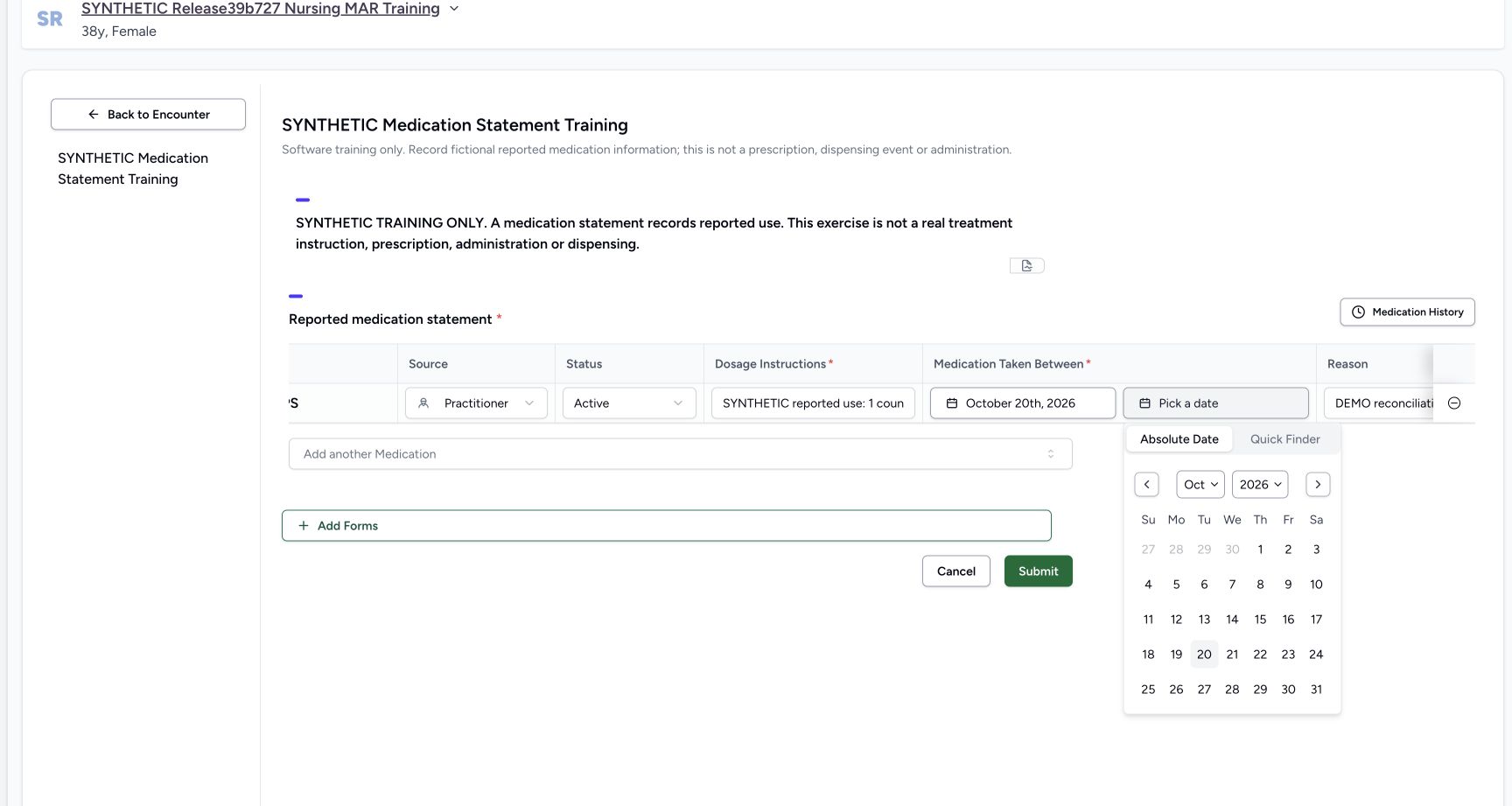 Reported end calendar in a fictional software training example