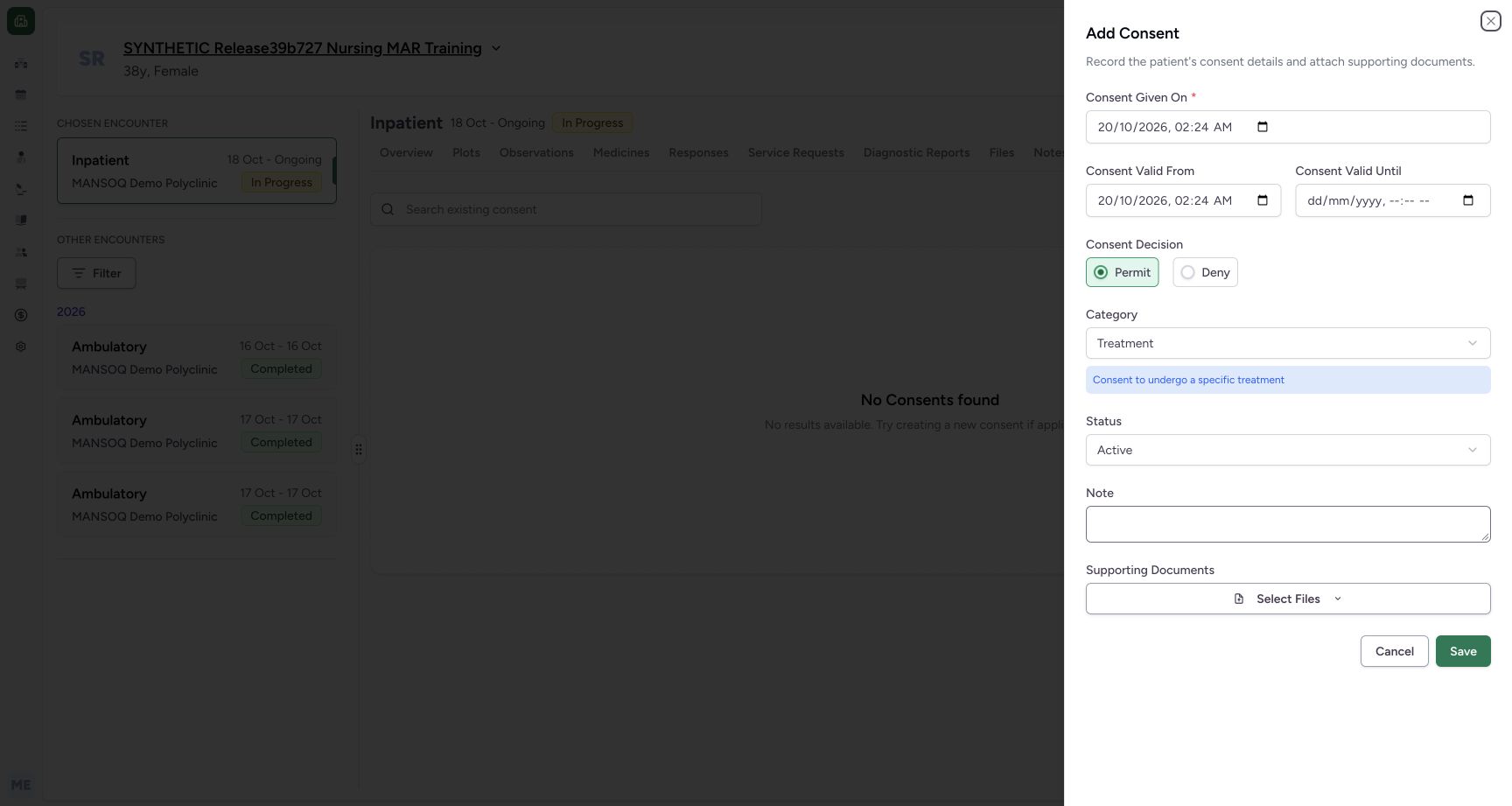 Untouched default form three date controls on the explicitly fictional Consent metadata example