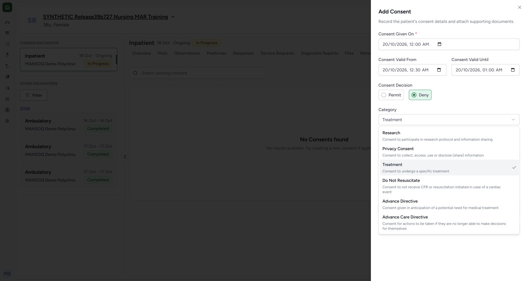 Six installed category options unsaved menu on the explicitly fictional Consent metadata example