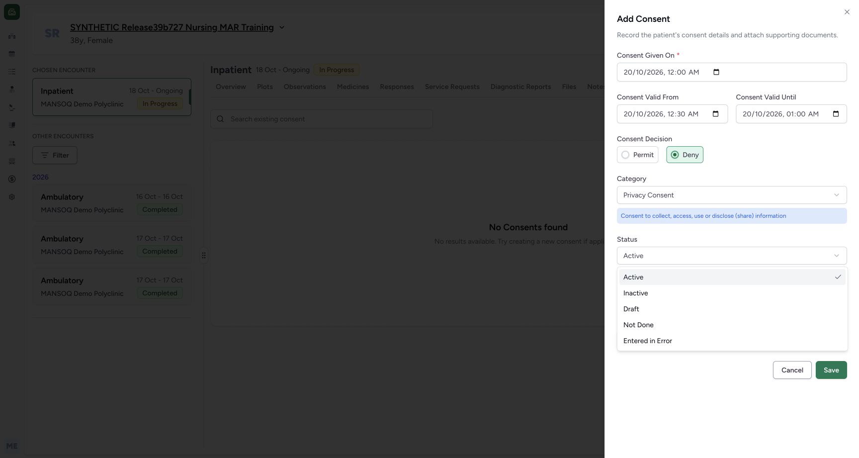 Five status options unsaved menu on the explicitly fictional Consent metadata example