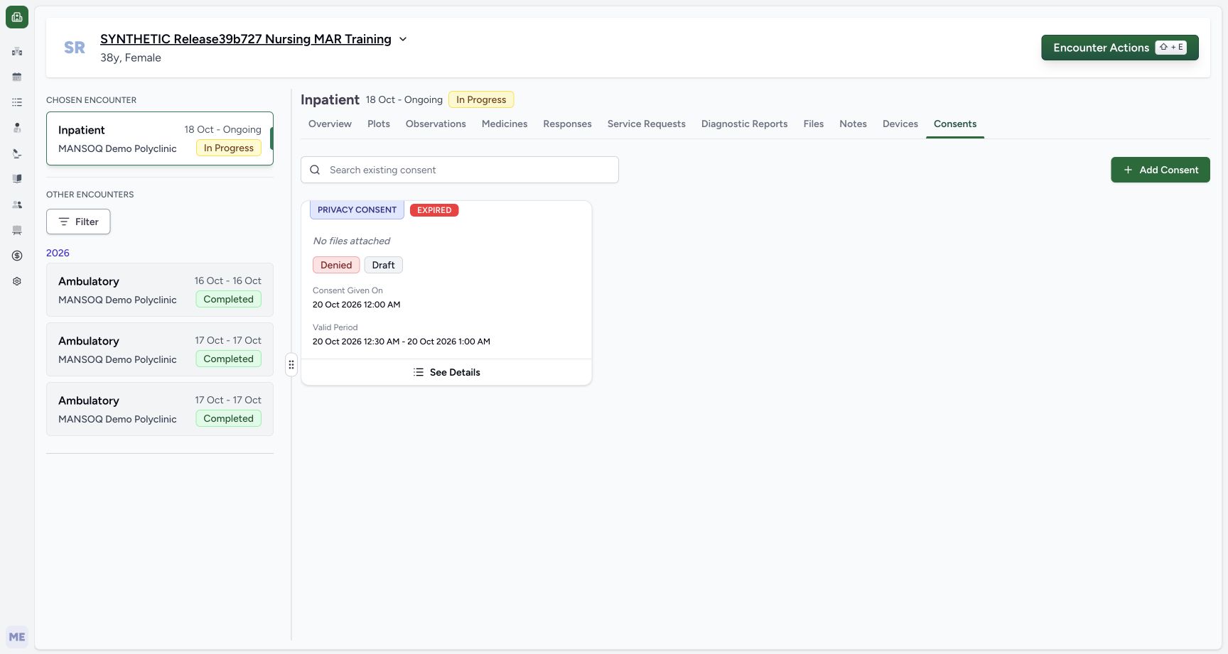 One create success draft denied expired card on the explicitly fictional Consent metadata example