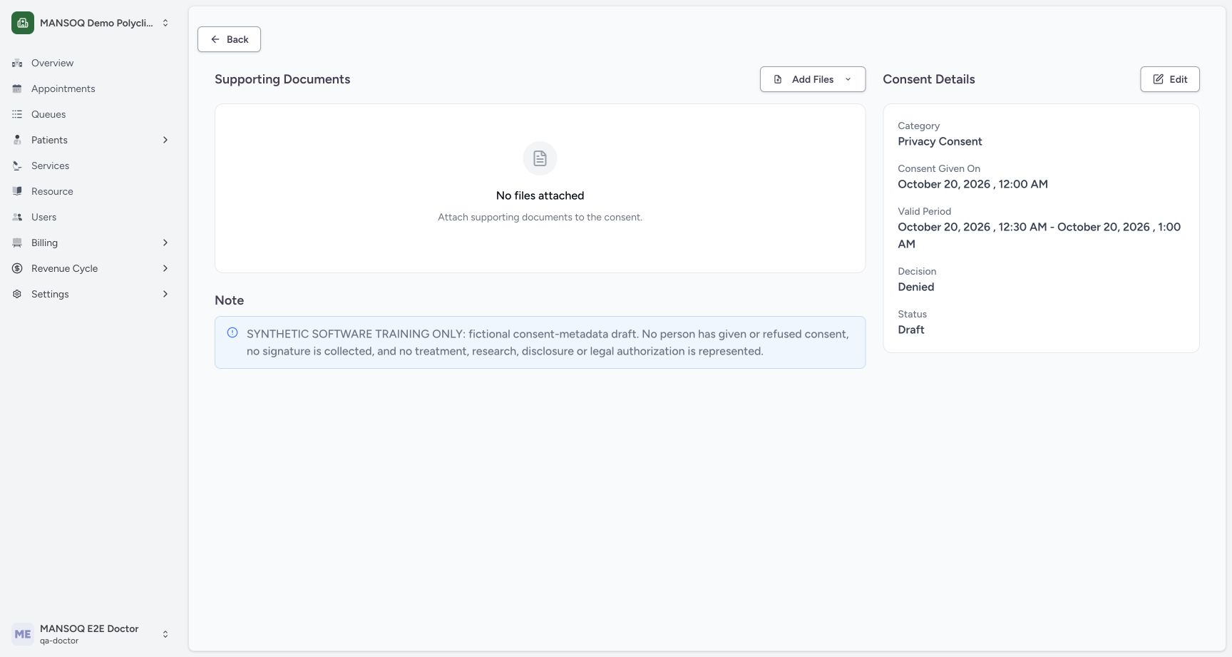 Saved details full fictional note and original metadata on the explicitly fictional Consent metadata example