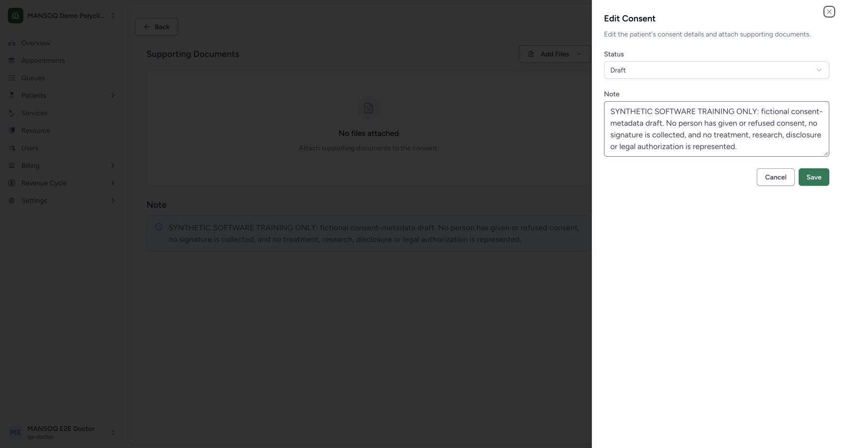 Edit shows only status and note untouched on the explicitly fictional Consent metadata example