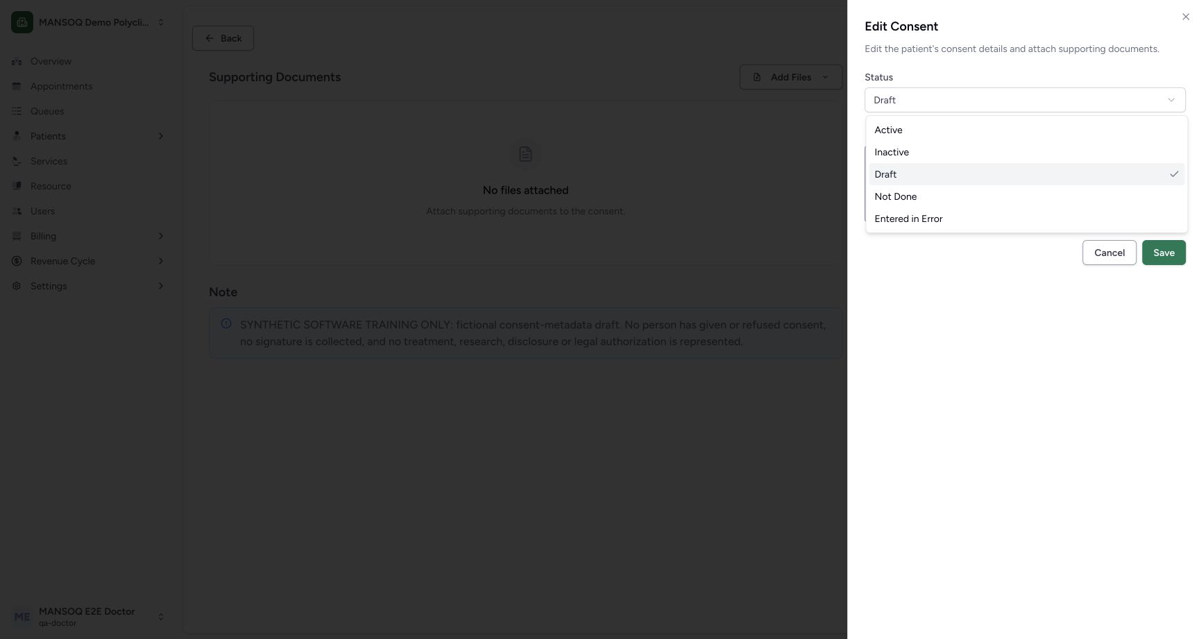 Saved record edit status options on the explicitly fictional Consent metadata example
