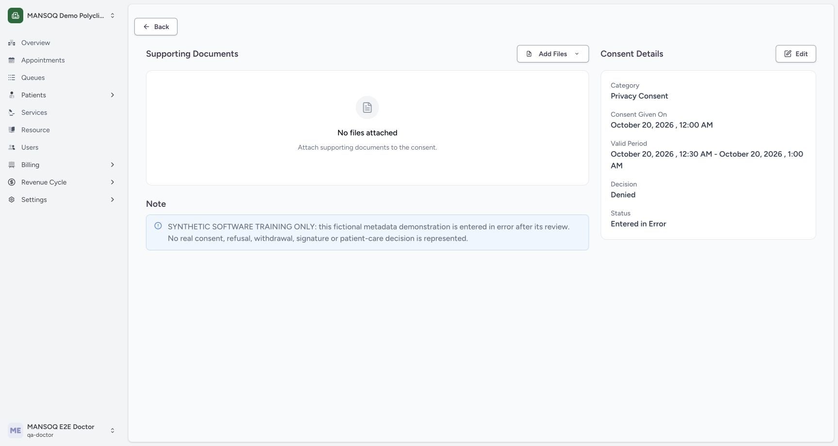 Reloaded own entered in error metadata and note on the explicitly fictional Consent metadata example