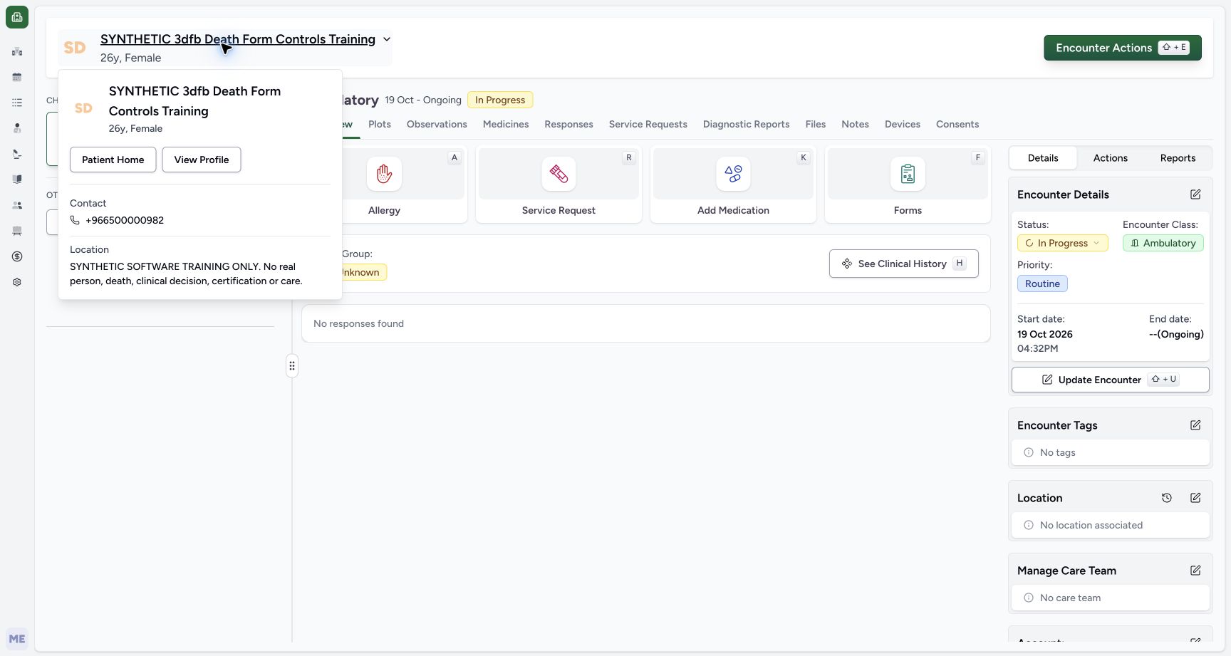 Open the intended patient profile before entry. Genuine wide MANSOQ ordinary Doctor view of a separate explicitly fictional Death Form software-training case.