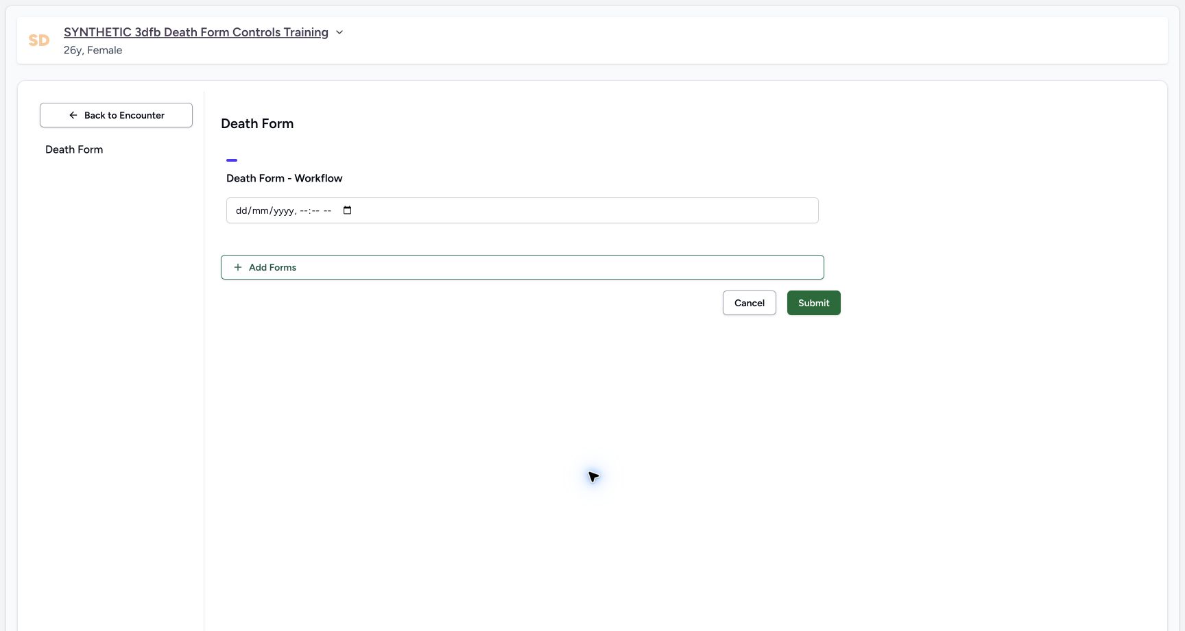 Read the single optional field and Cancel. Genuine wide MANSOQ ordinary Doctor view of a separate explicitly fictional Death Form software-training case.