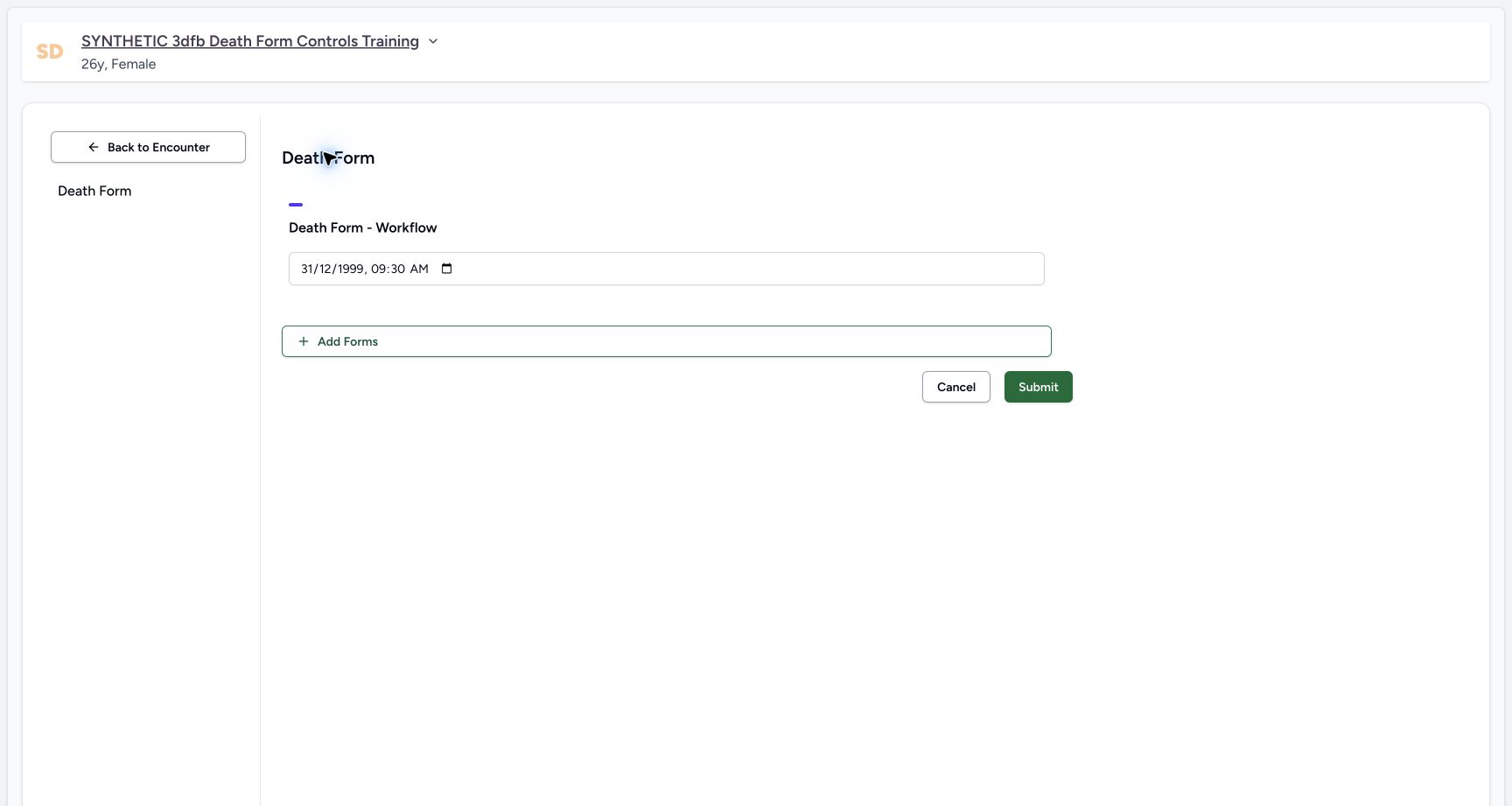 Review the fictional before-birth validation example. Genuine wide MANSOQ ordinary Doctor view of a separate explicitly fictional Death Form software-training case.
