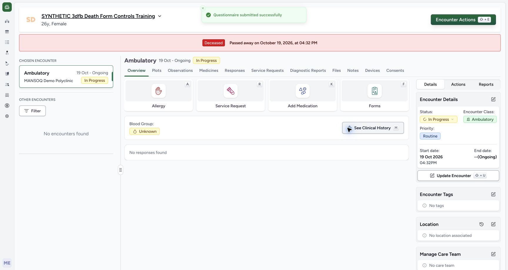 Read successful submission and the patient banner. Genuine wide MANSOQ ordinary Doctor view of a separate explicitly fictional Death Form software-training case.