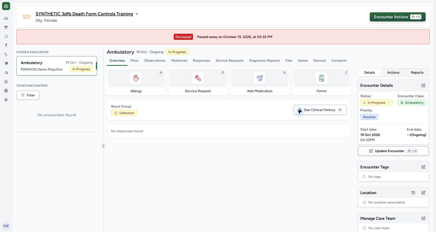 Read the persisted result after reload. Genuine wide MANSOQ ordinary Doctor view of a separate explicitly fictional Death Form software-training case.
