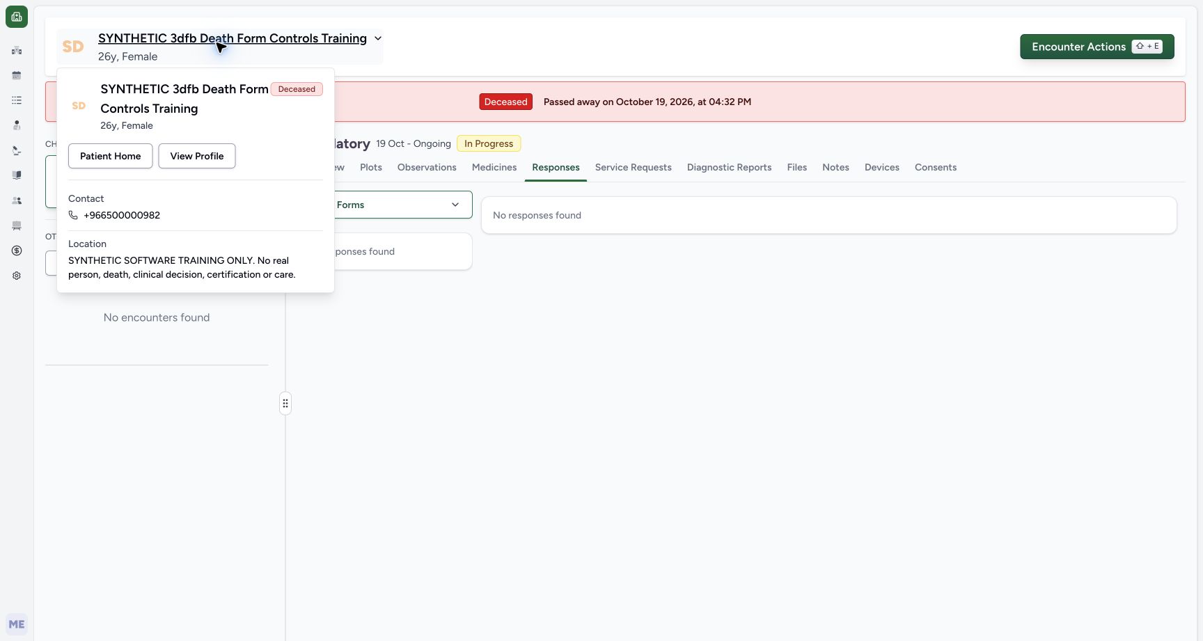Open the saved patient’s profile. Genuine wide MANSOQ ordinary Doctor view of a separate explicitly fictional Death Form software-training case.