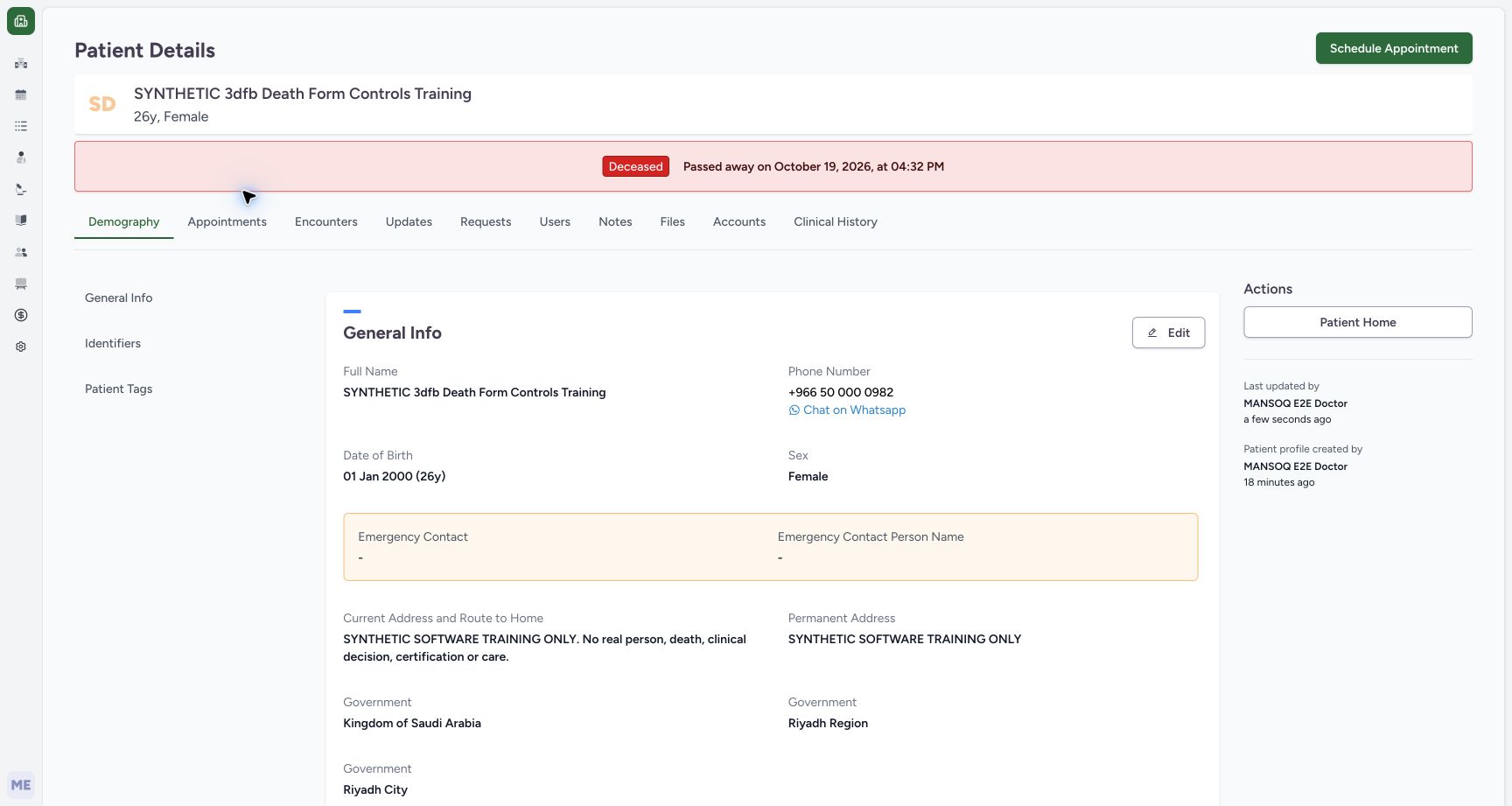 Read the saved patient details and actual updater. Genuine wide MANSOQ ordinary Doctor view of a separate explicitly fictional Death Form software-training case.