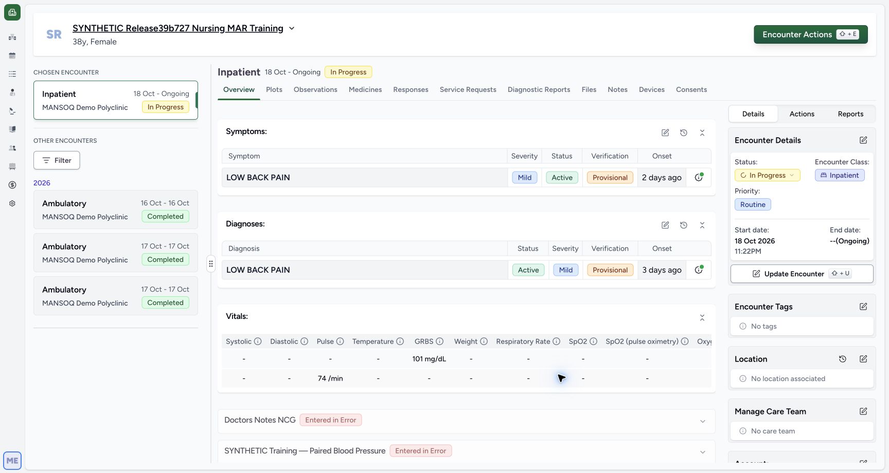 Existing diagnosis and symptom on Overview. Genuine wide Doctor screenshot of the fictional training encounter.