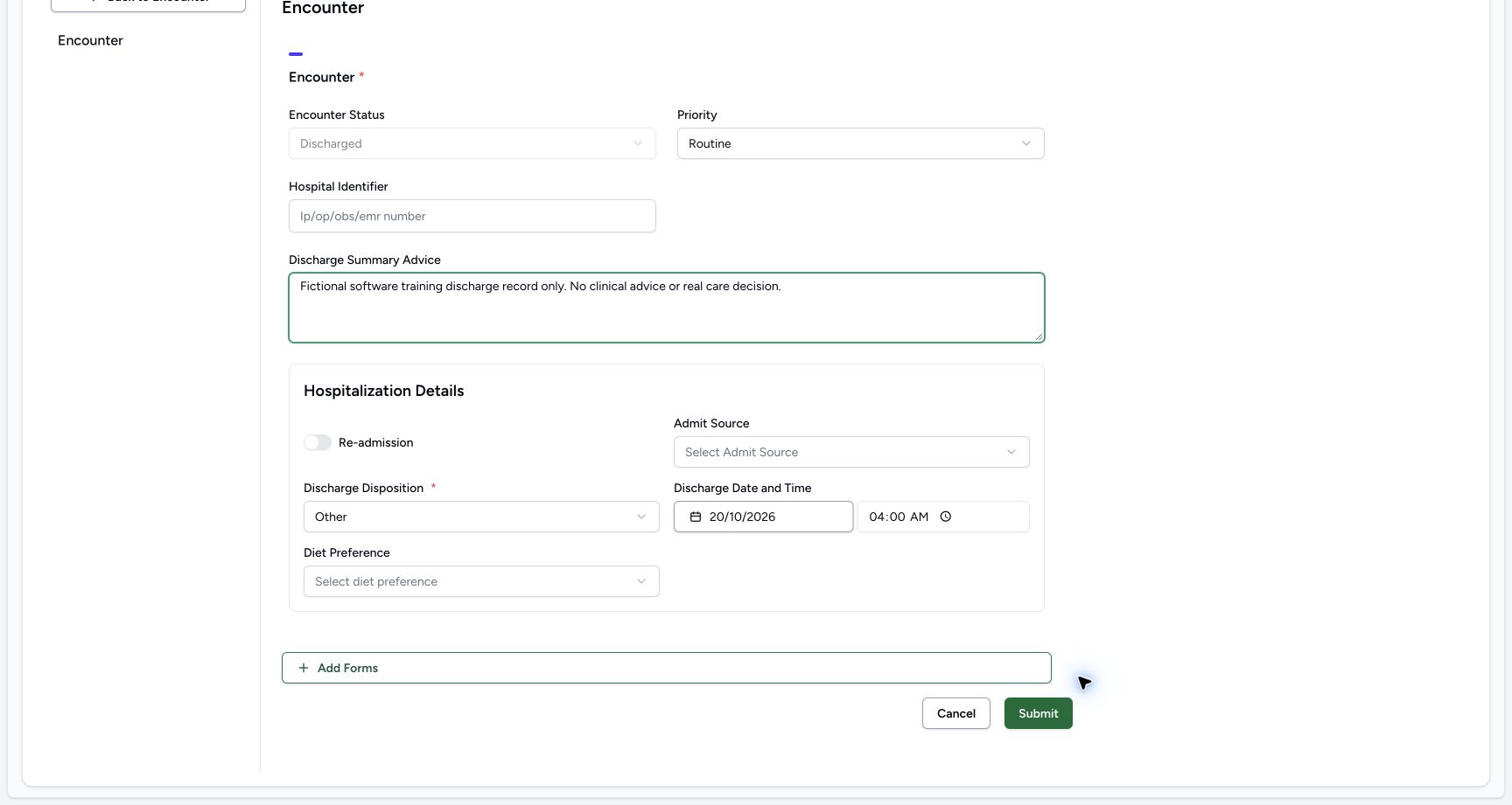 Reviewed discharge submit and cancel in the fictional Doctor Emergency encounter demonstration
