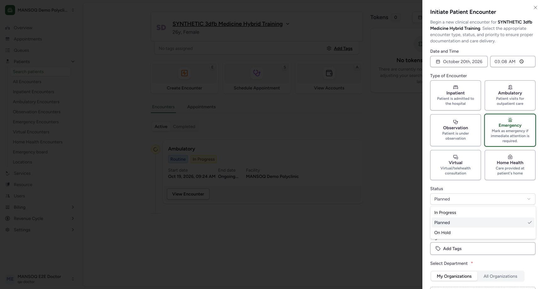 Create status options in the fictional Emergency encounter demonstration