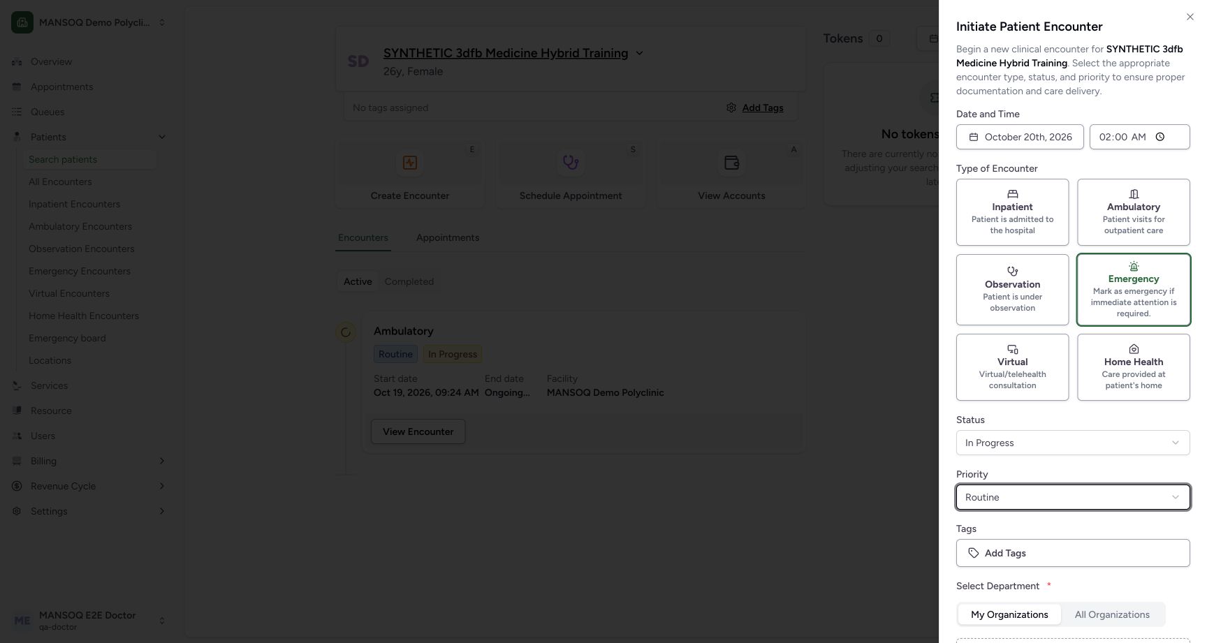 Reviewed emergency date time status priority in the fictional Emergency encounter demonstration