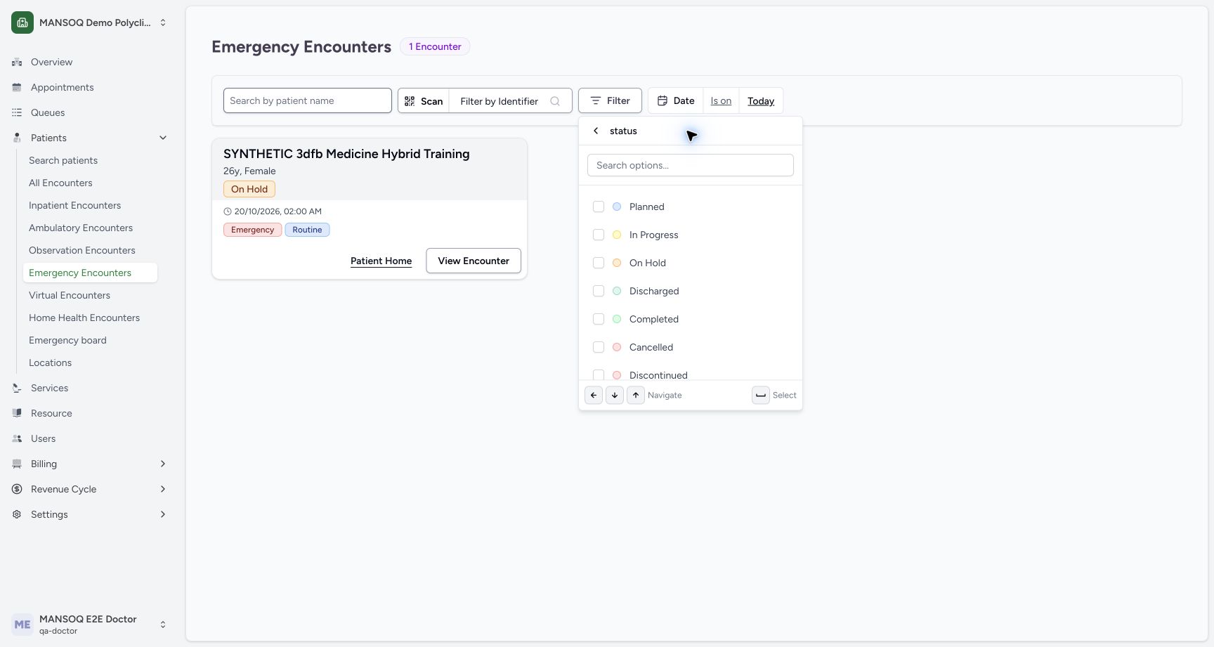 Read-only status filter with On Hold checkbox before selection in the fictional Emergency encounter demonstration