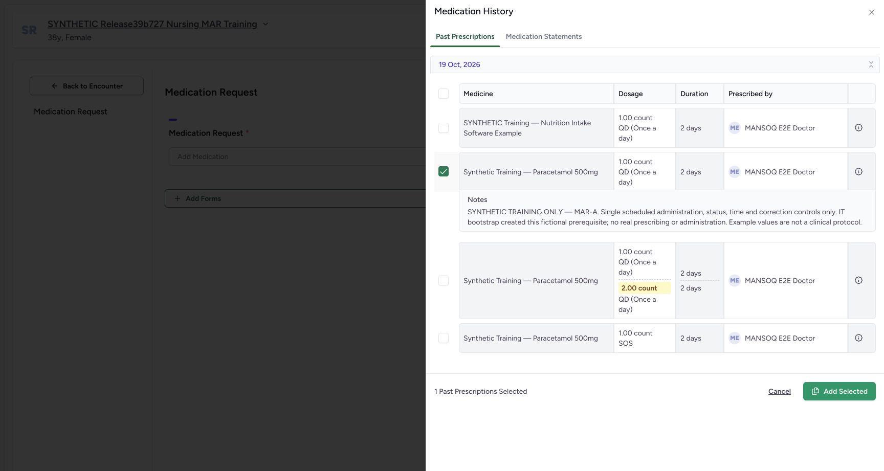 One mar a checkbox selected on the fictional medication-history training case