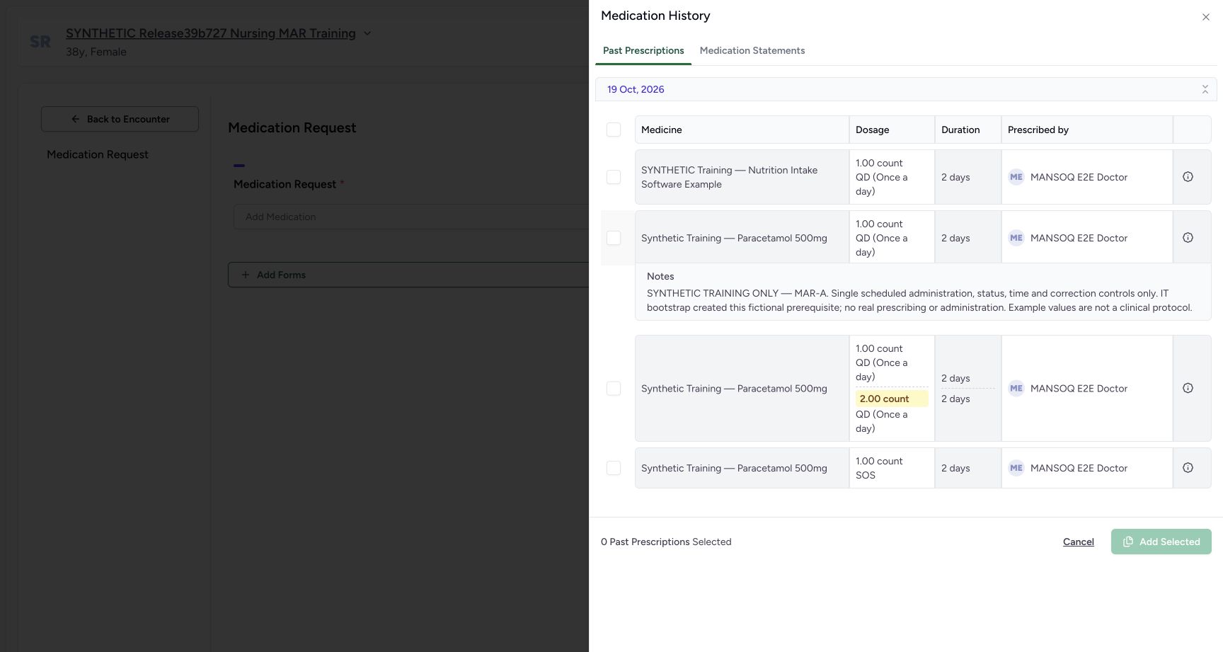 Deselect restores zero disabled add on the fictional medication-history training case