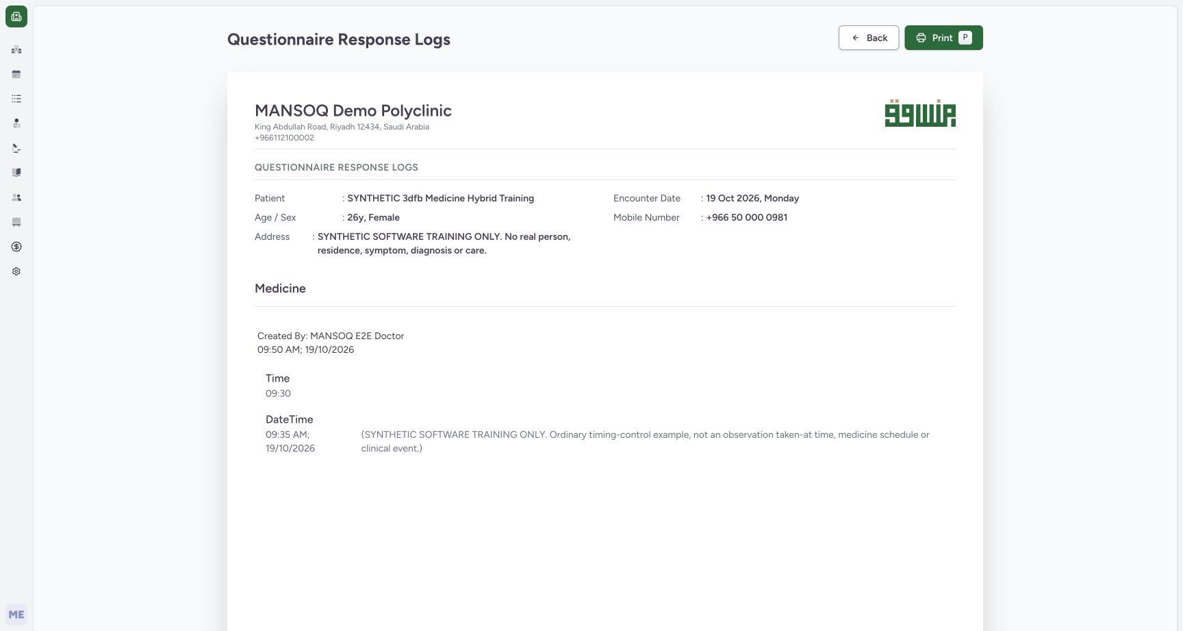 Review the ordinary-only single-response preview. Genuine 1728 by 921 MANSOQ desktop with an ordinary Doctor and a clearly fictional Polyclinic case.